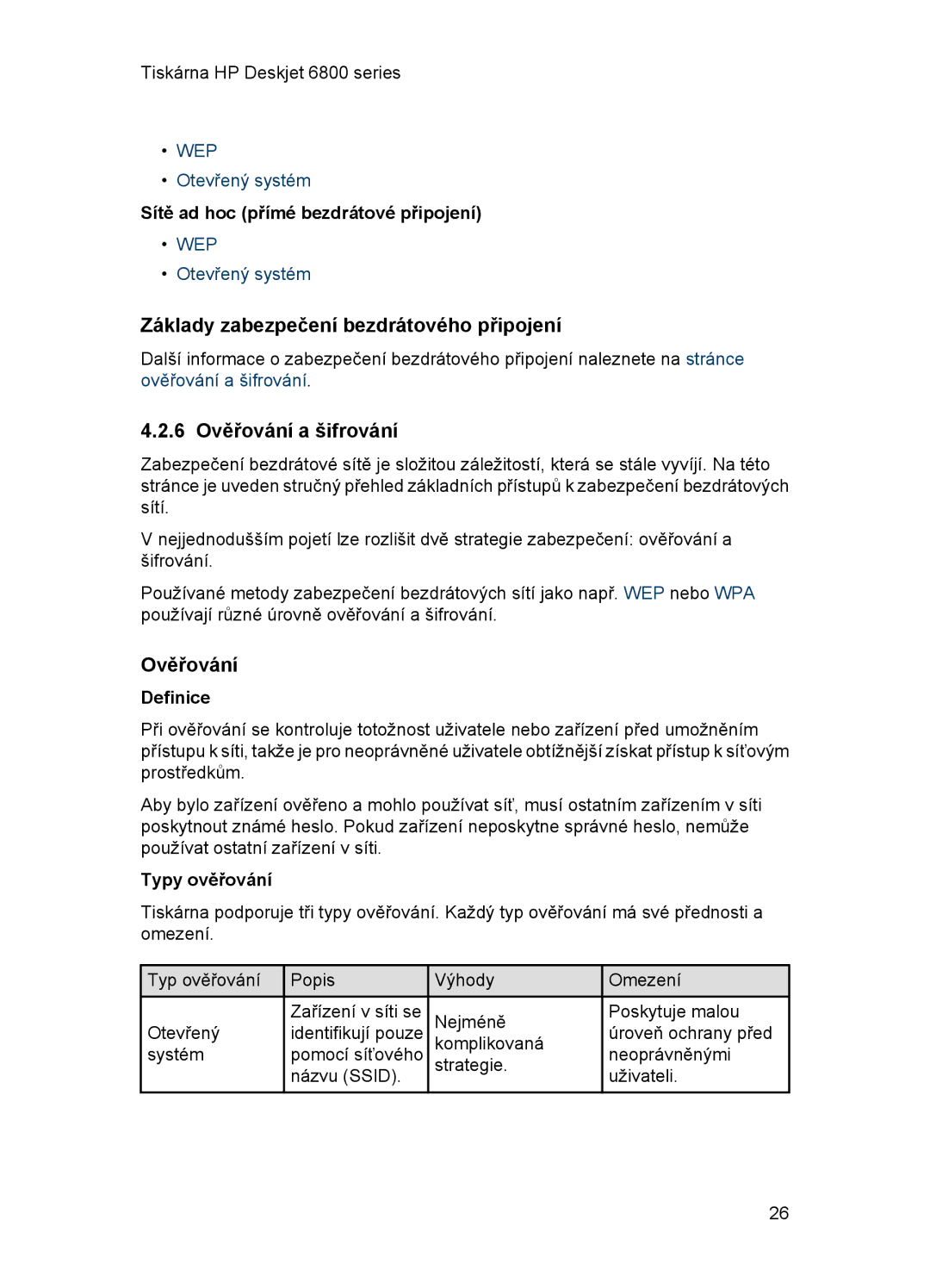 HP 6800 manual Základy zabezpečení bezdrátového připojení, 6 Ověřování a šifrování 