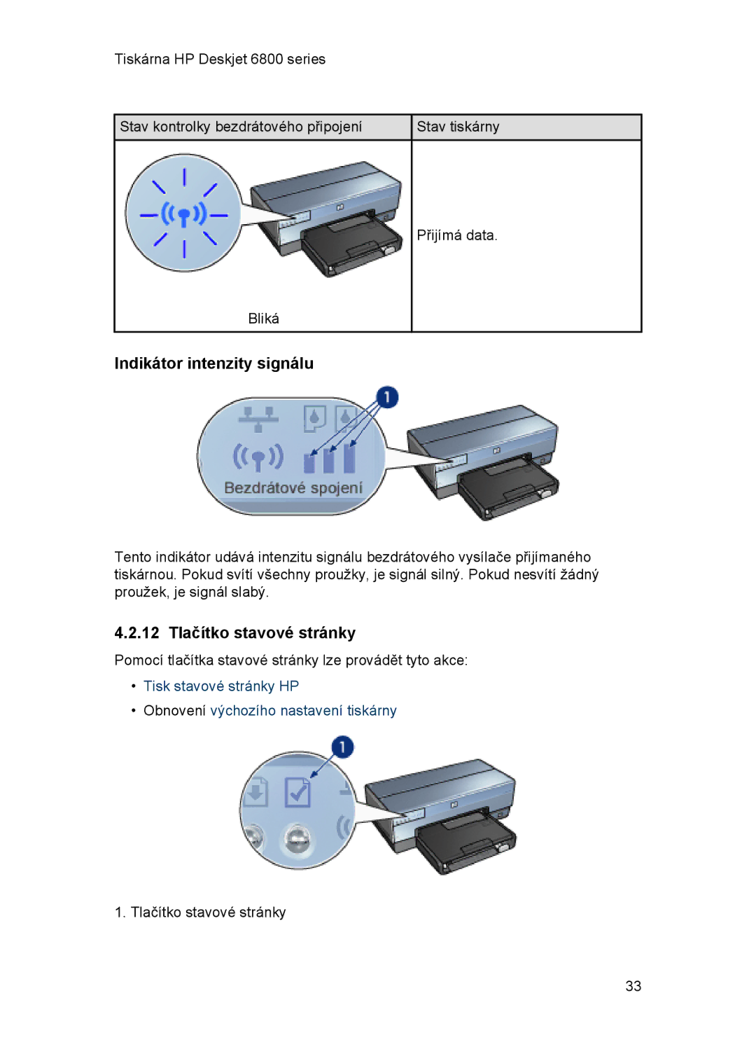 HP 6800 manual Indikátor intenzity signálu, 12 Tlačítko stavové stránky 