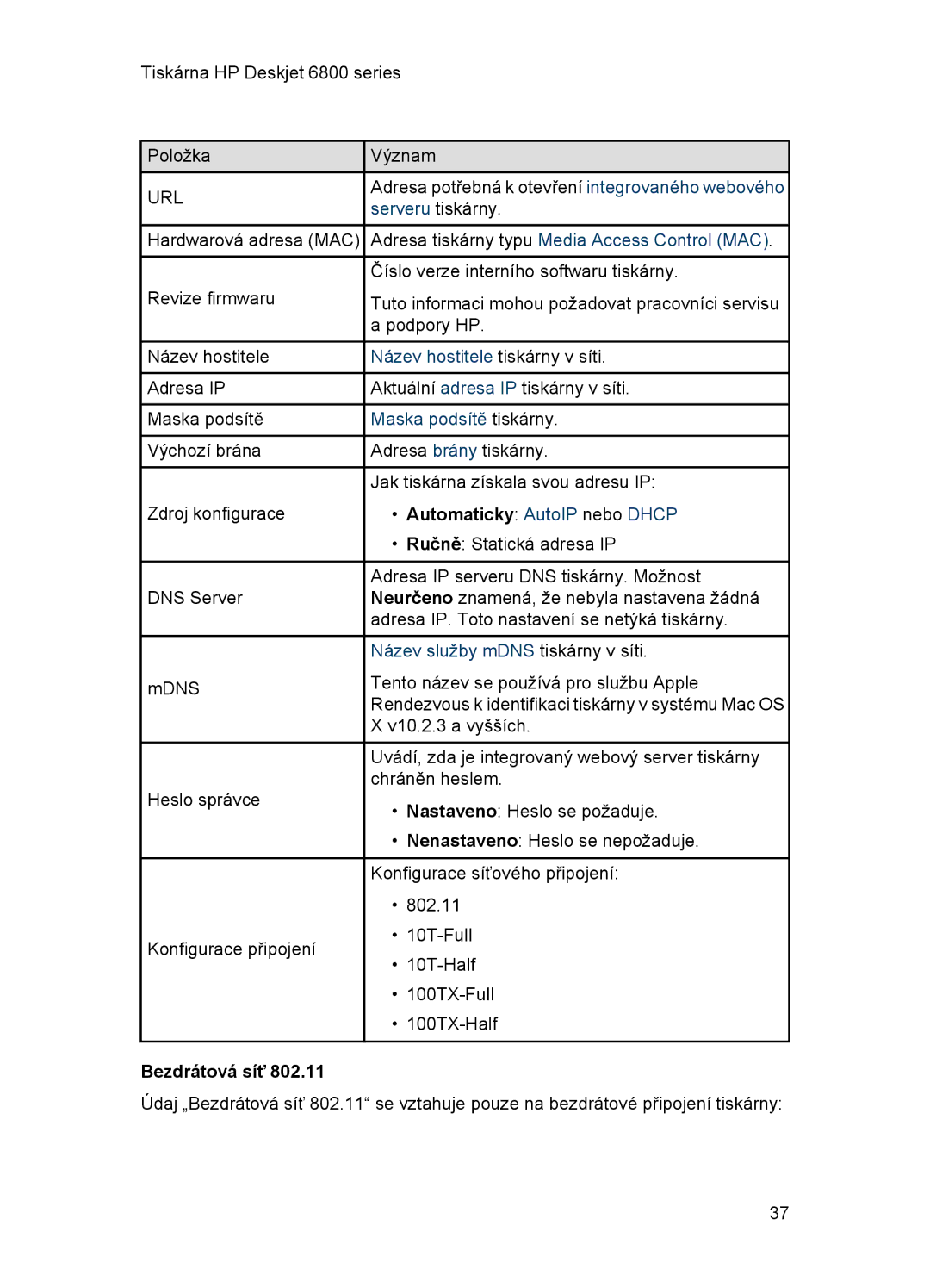 HP 6800 manual Bezdrátová síť, Název hostitele tiskárny v síti, Maska podsítě tiskárny, Automaticky AutoIP nebo Dhcp 