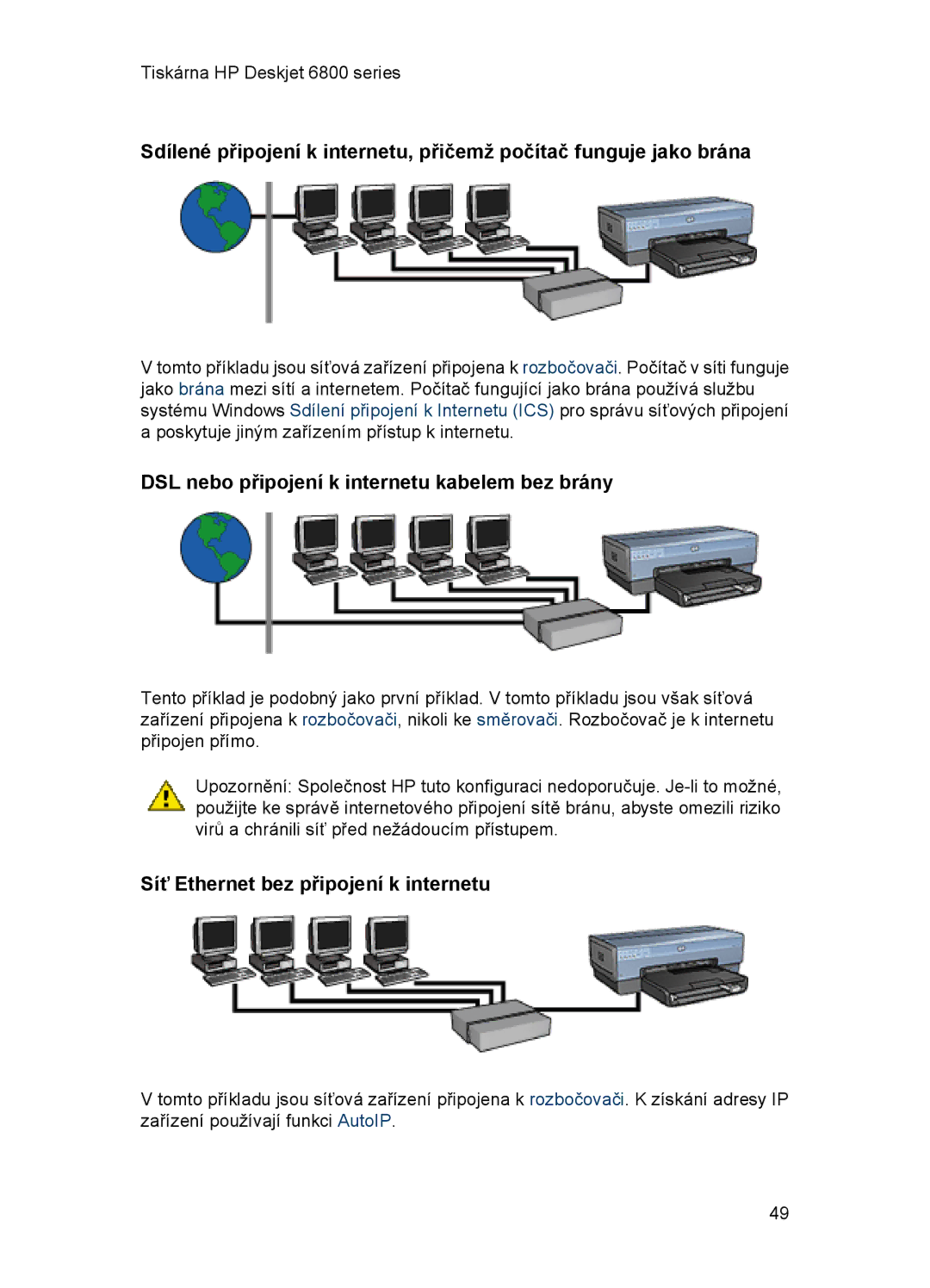 HP 6800 manual DSL nebo připojení k internetu kabelem bez brány, Síť Ethernet bez připojení k internetu 