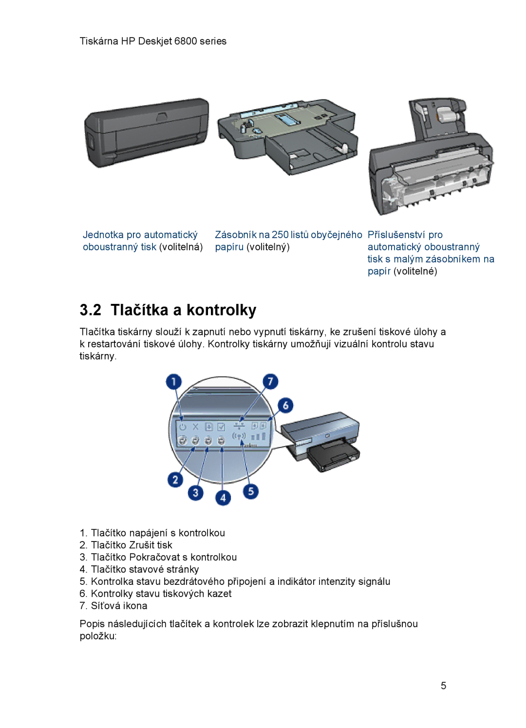 HP 6800 manual Tlačítka a kontrolky, Papír volitelné 