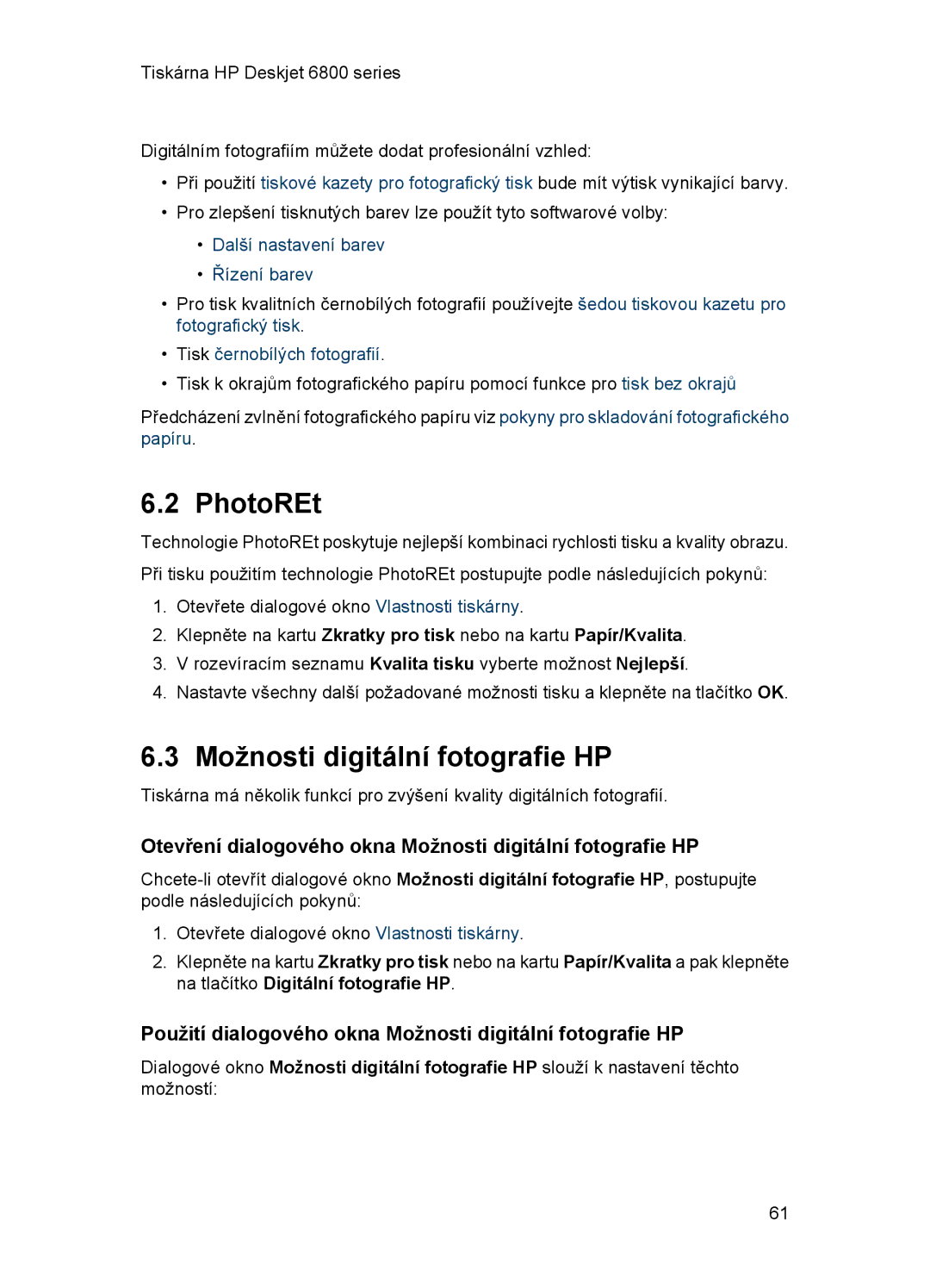 HP 6800 manual PhotoREt, Otevření dialogového okna Možnosti digitální fotografie HP 