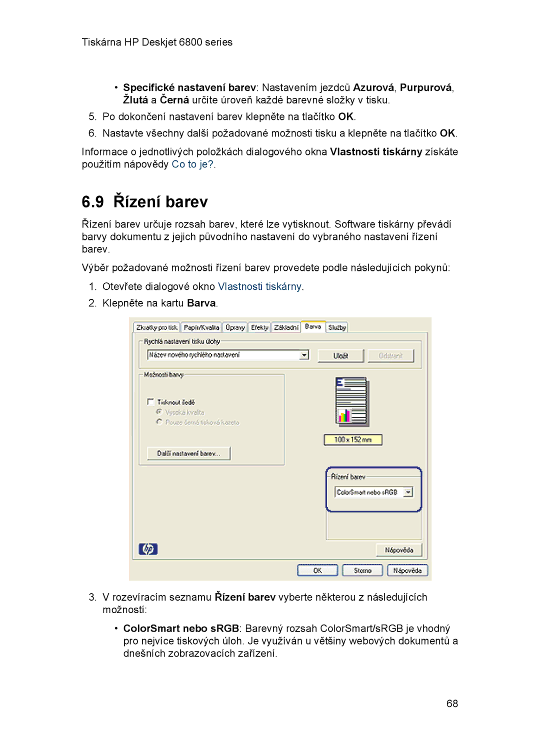 HP 6800 manual Řízení barev 