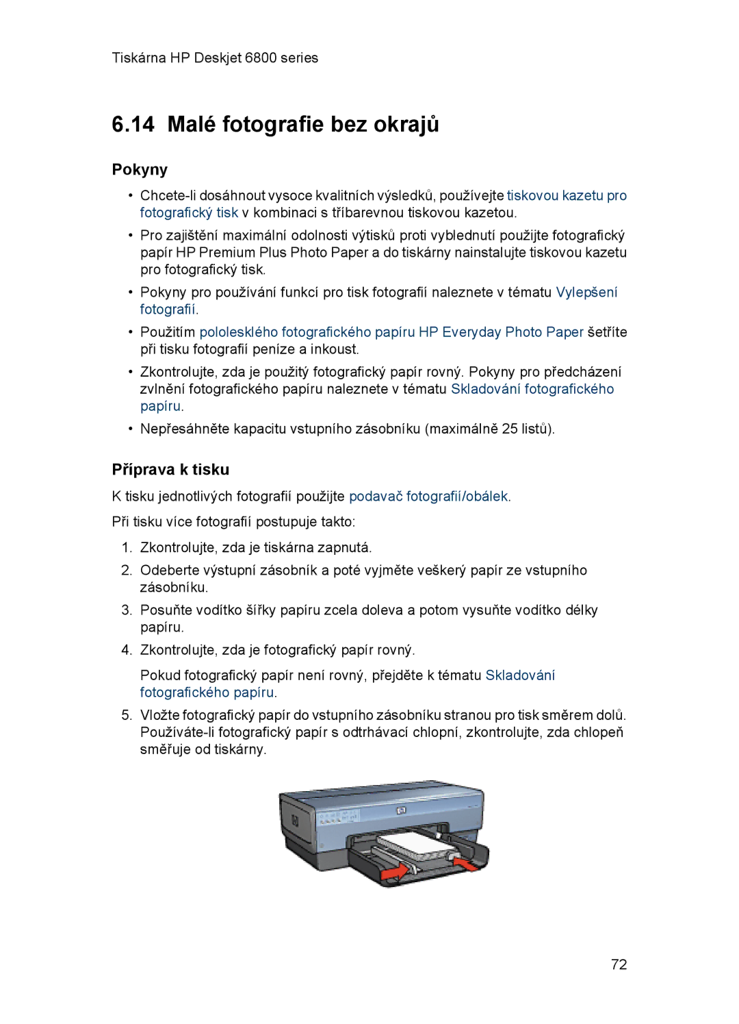 HP 6800 manual 14 Malé fotografie bez okrajů, Příprava k tisku 