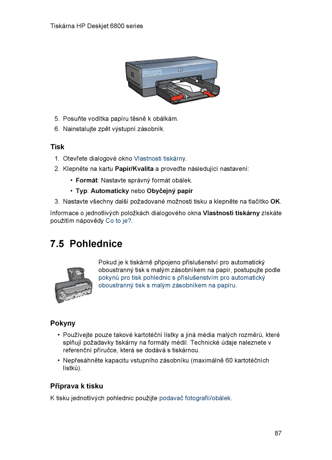 HP 6800 manual Pohlednice, Typ Automaticky nebo Obyčejný papír 