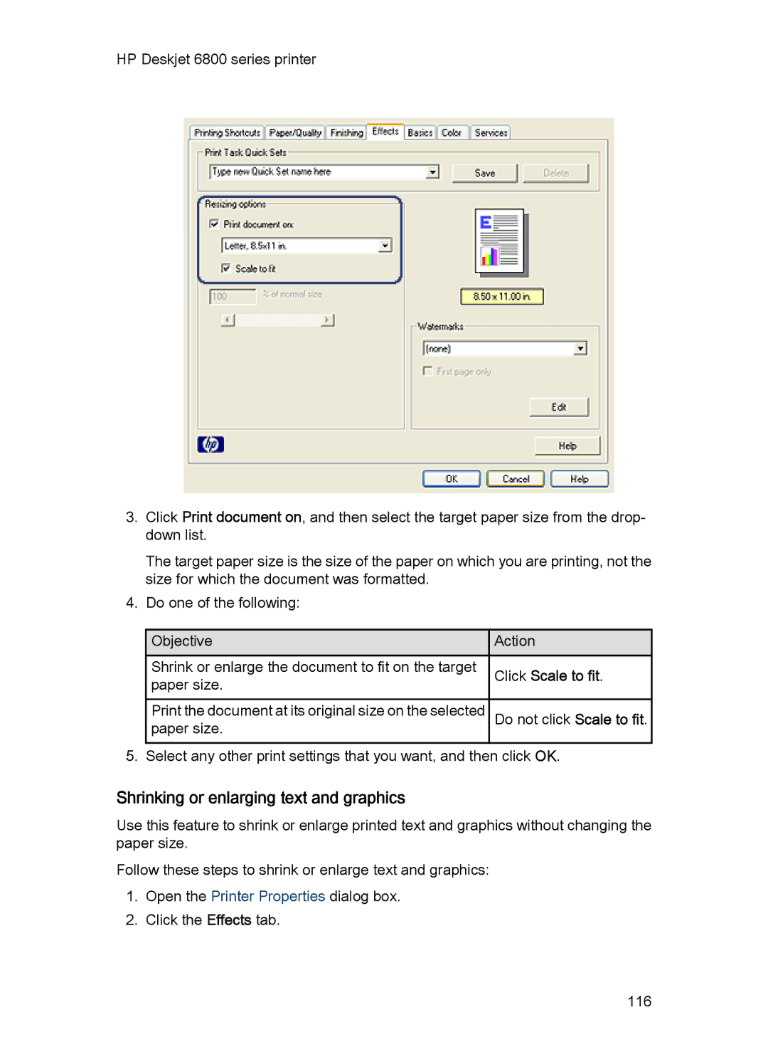 HP 6800 manual Shrinking or enlarging text and graphics, Click Scale to fit 