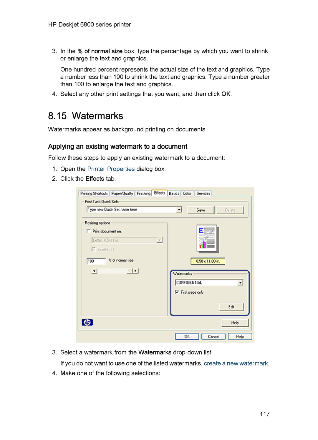 HP 6800 manual Watermarks, Applying an existing watermark to a document 