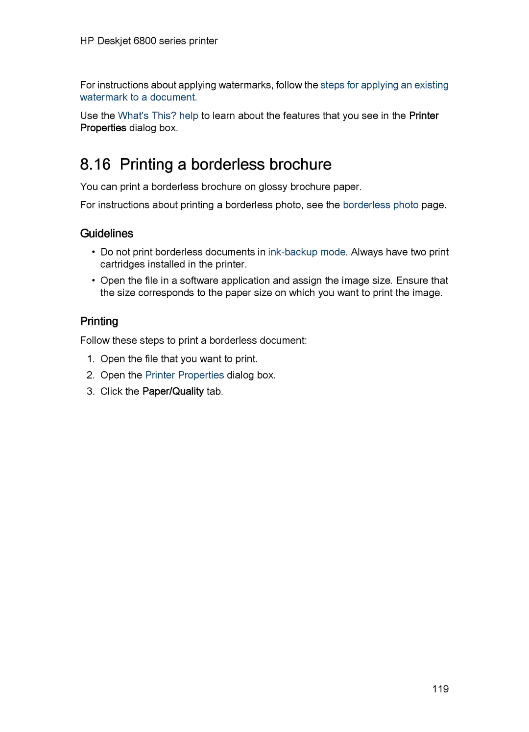 HP 6800 manual Printing a borderless brochure, Guidelines 