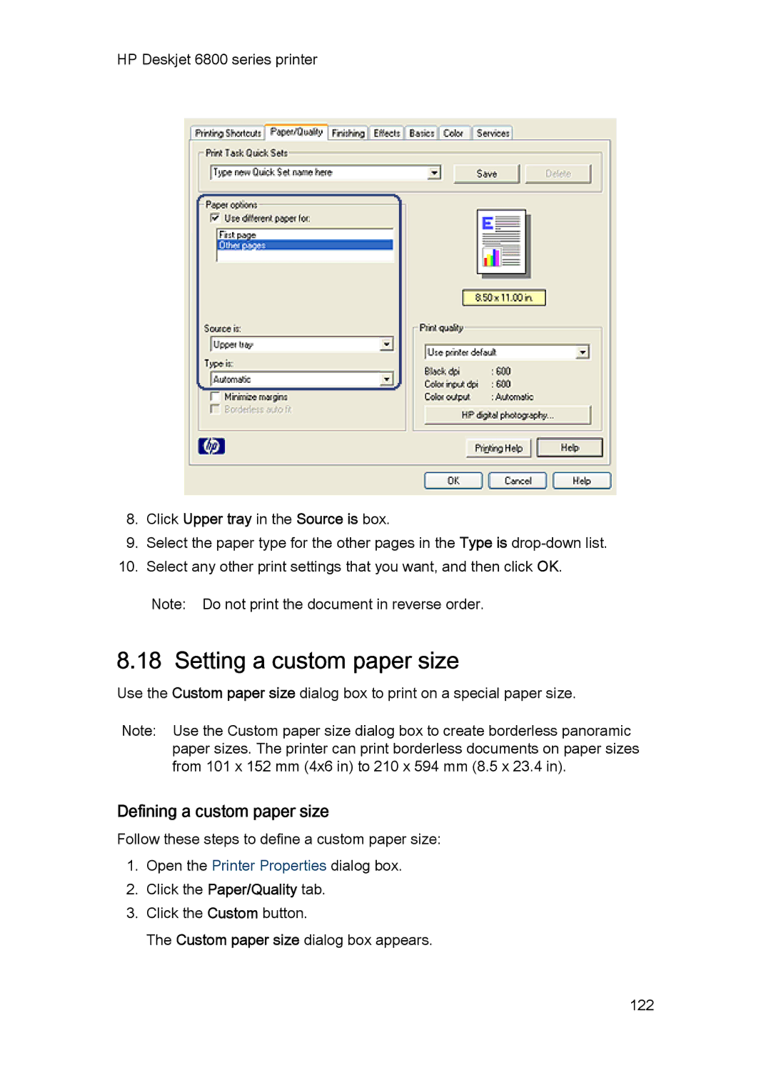 HP 6800 manual Setting a custom paper size, Defining a custom paper size, Click Upper tray in the Source is box 