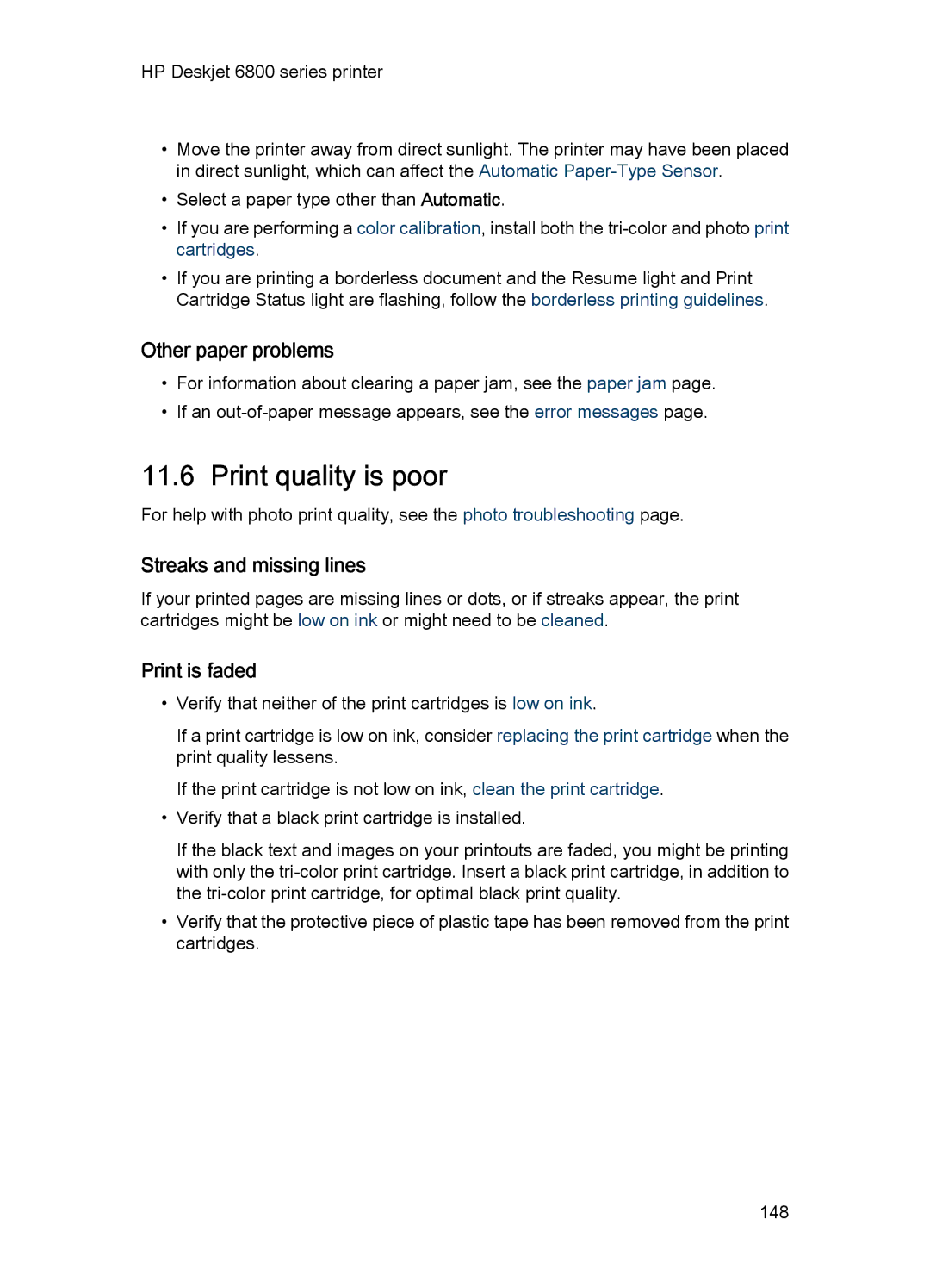 HP 6800 manual Print quality is poor, Other paper problems, Streaks and missing lines, Print is faded 