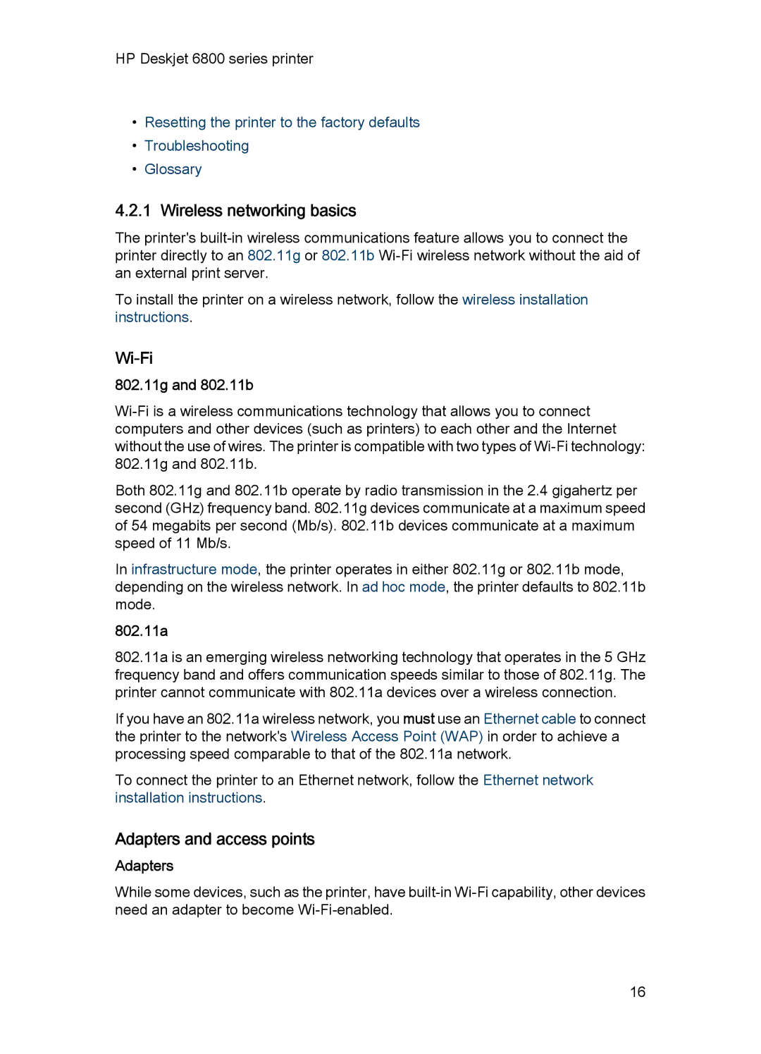 HP 6800 manual Wireless networking basics, Wi-Fi, Adapters and access points 