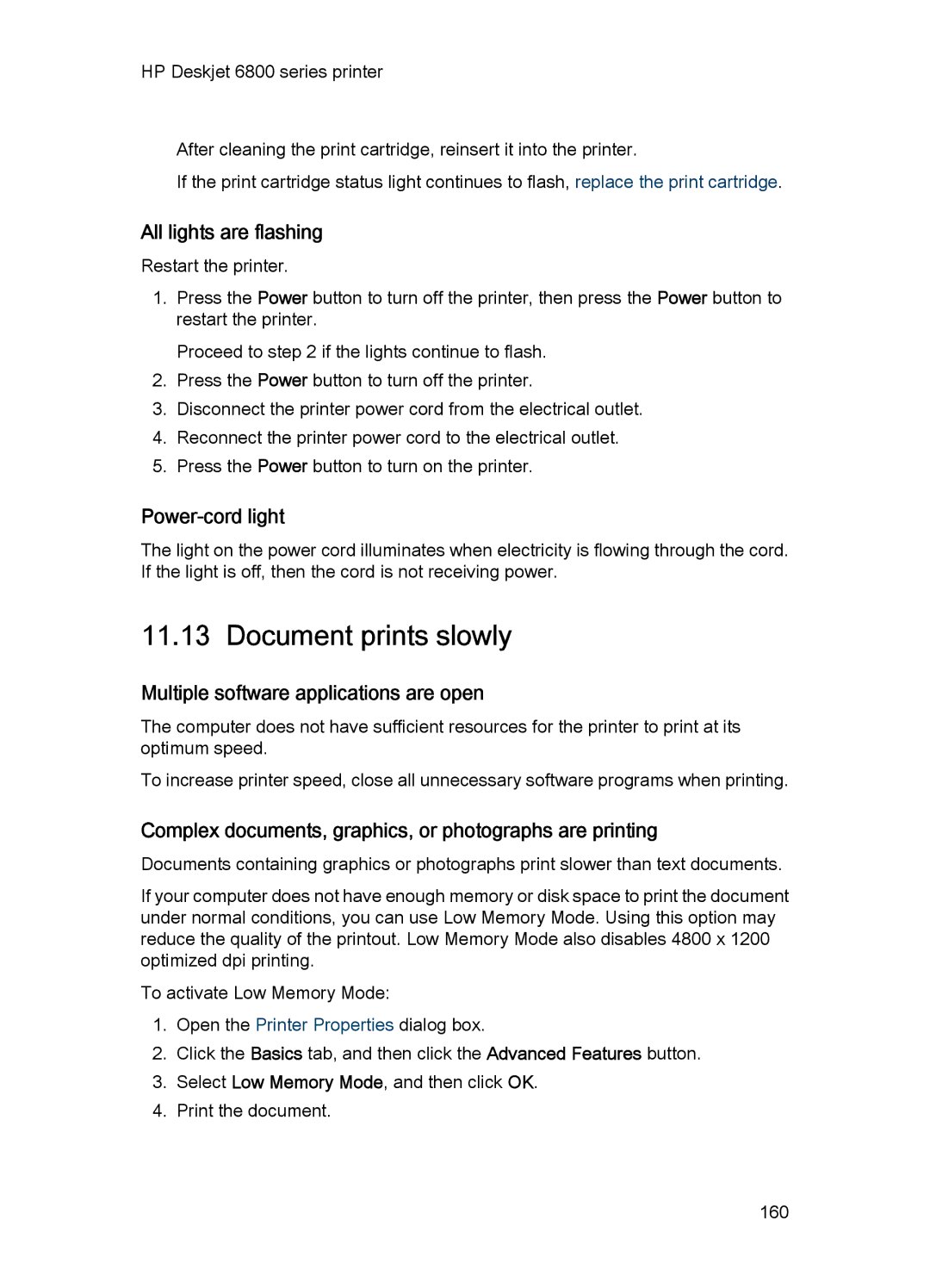 HP 6800 manual Document prints slowly, All lights are flashing, Power-cord light, Multiple software applications are open 