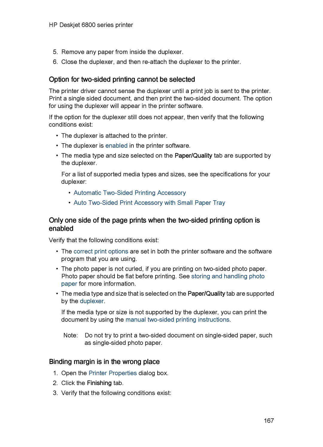 HP 6800 manual Option for two-sided printing cannot be selected, Binding margin is in the wrong place 