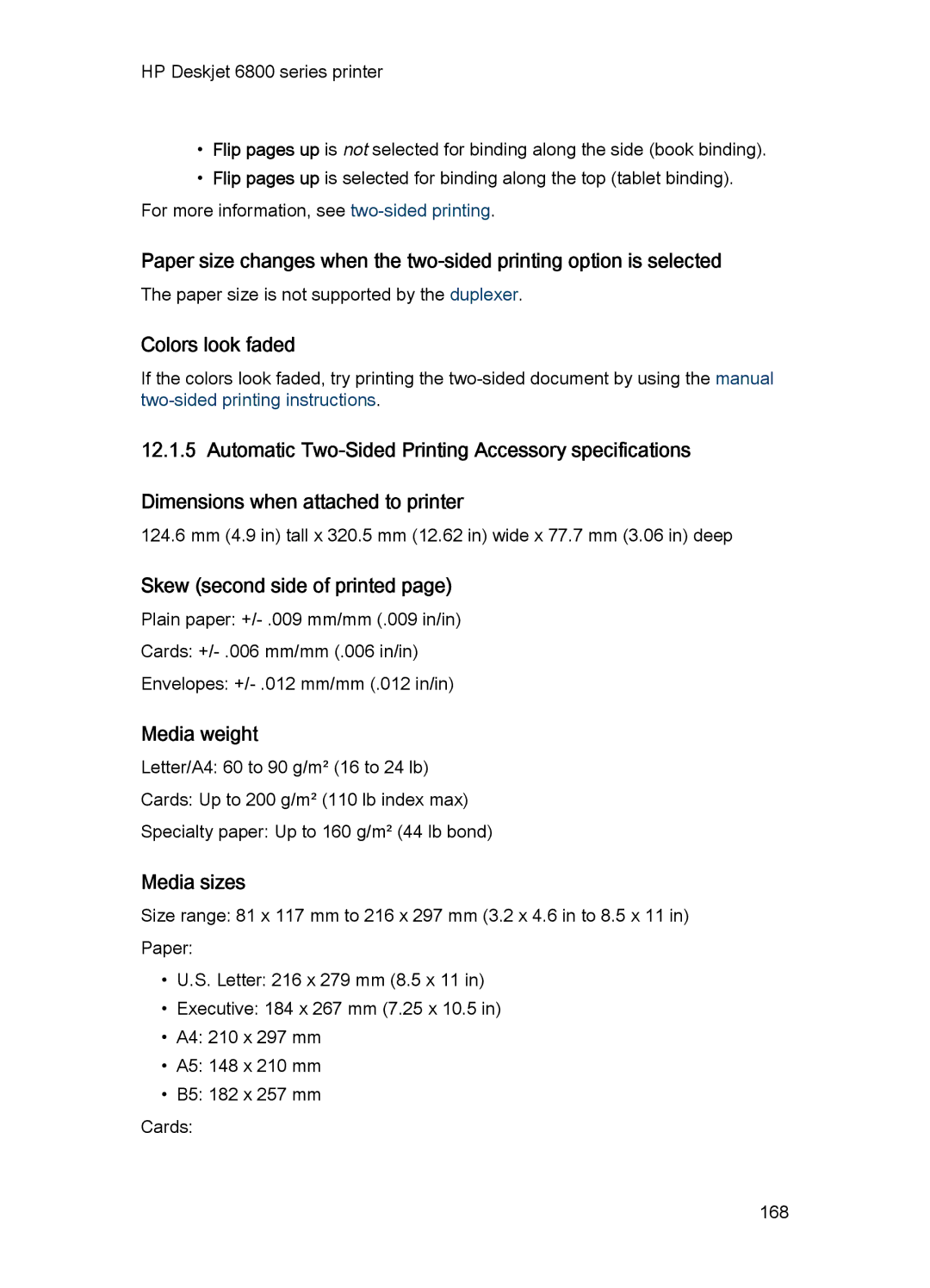 HP 6800 manual Colors look faded, Skew second side of printed, Media weight, Media sizes 