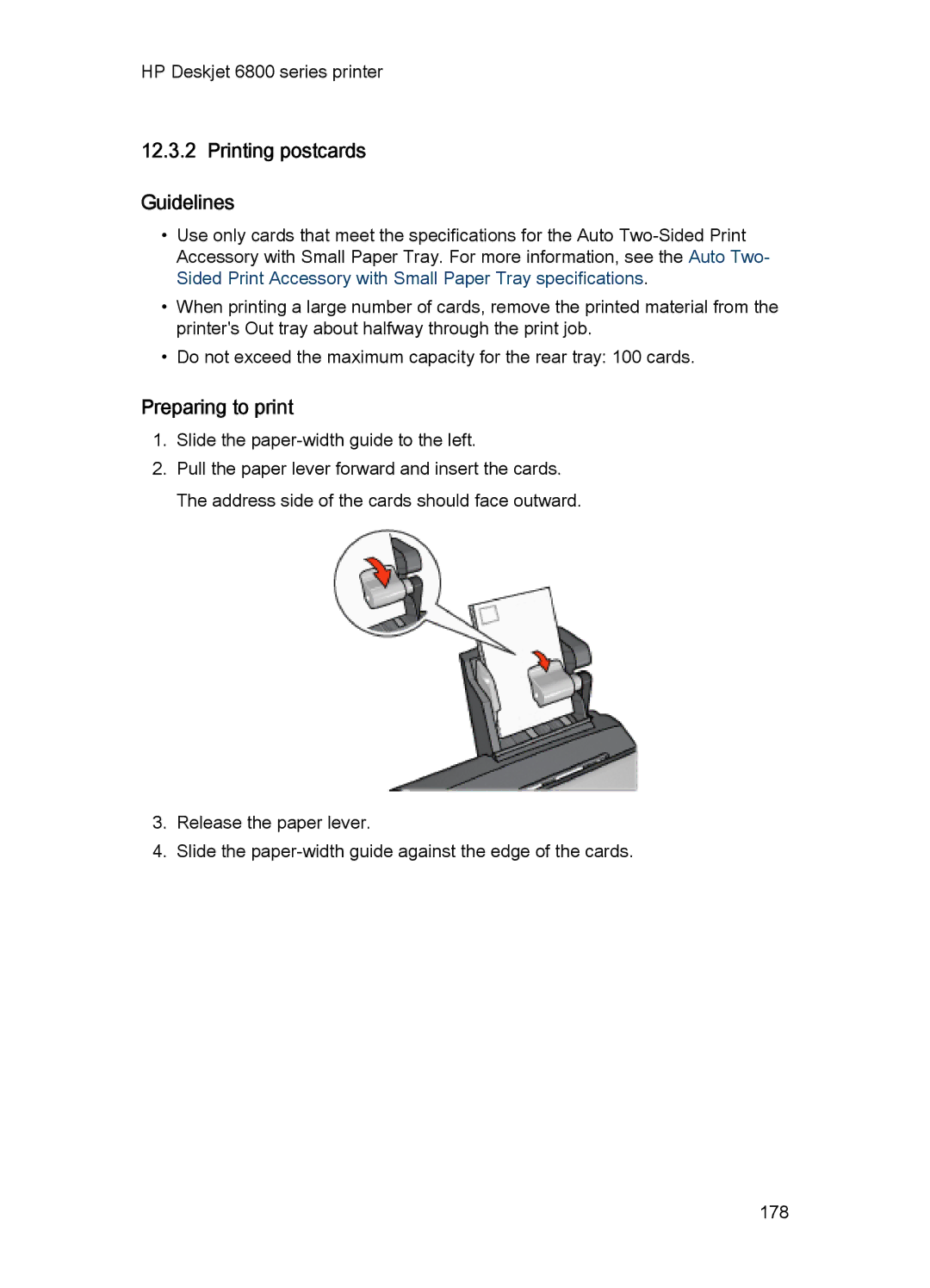 HP 6800 manual Printing postcards Guidelines, Preparing to print 