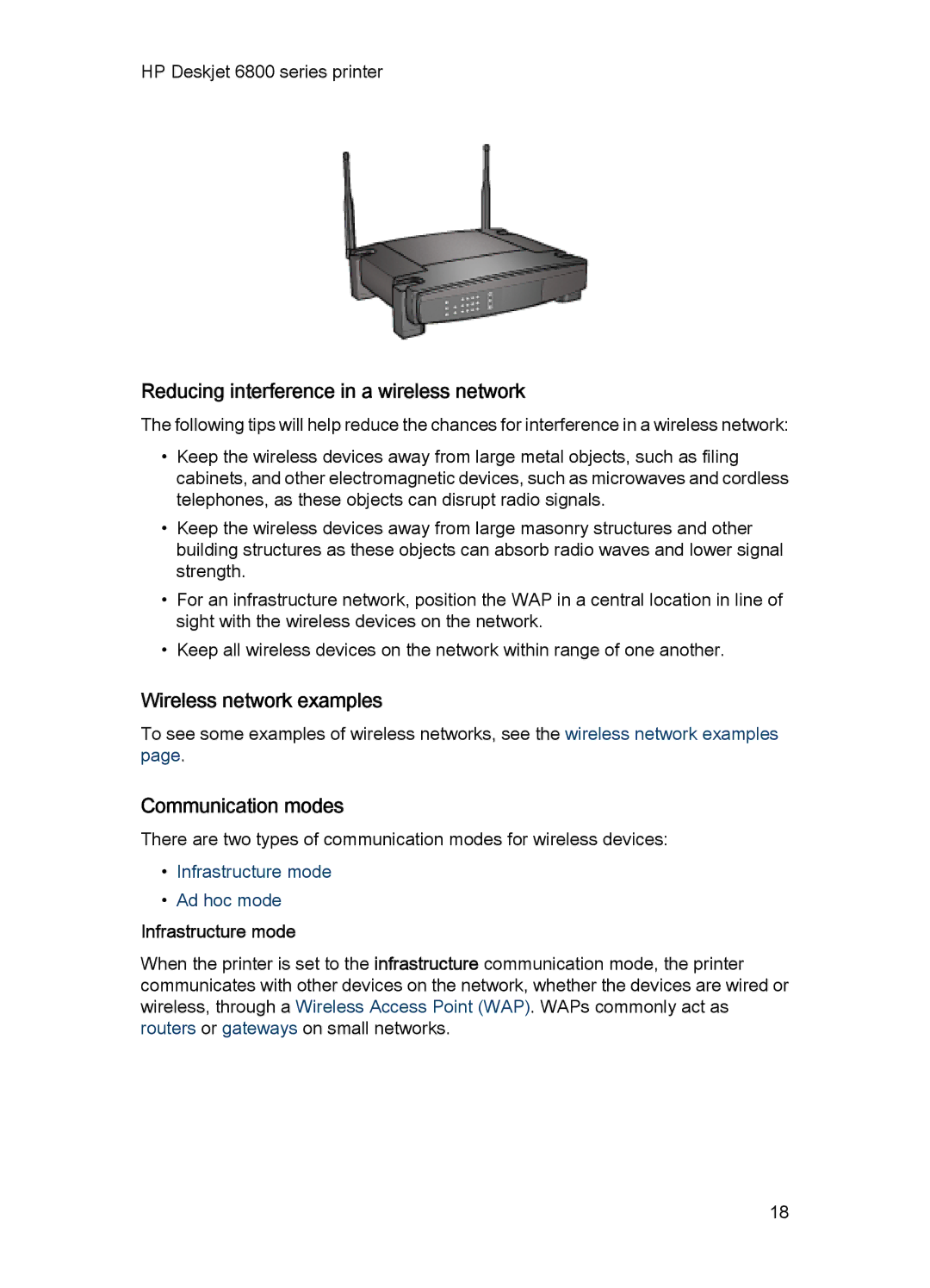 HP 6800 Reducing interference in a wireless network, Wireless network examples, Communication modes, Infrastructure mode 