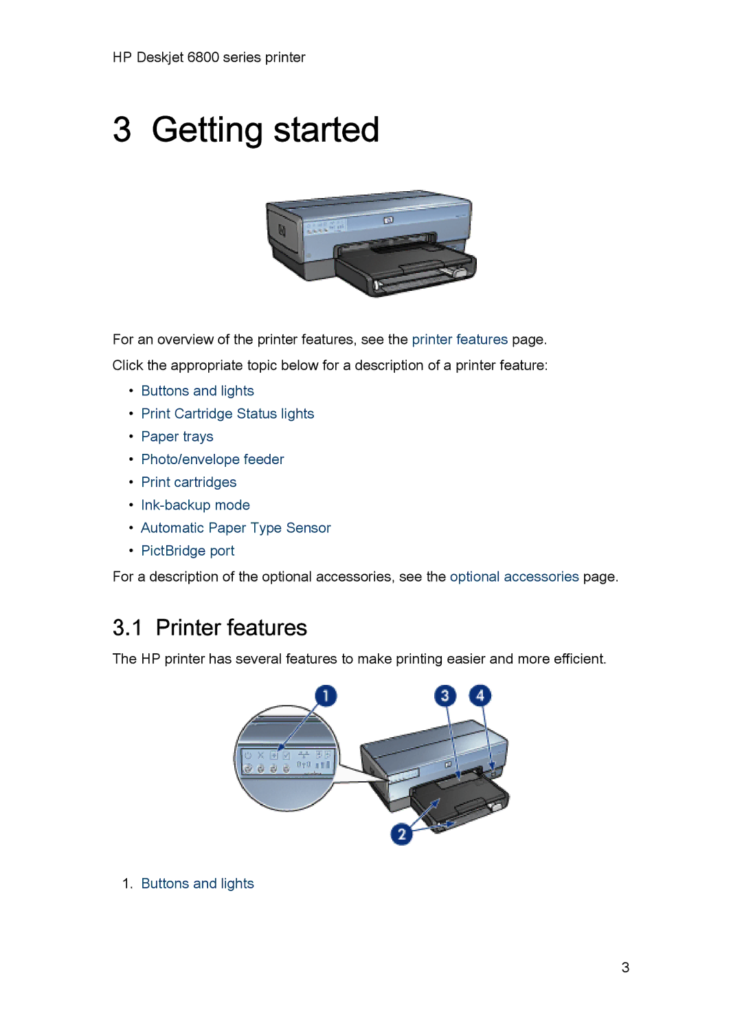 HP 6800 manual Getting started, Printer features, Buttons and lights 