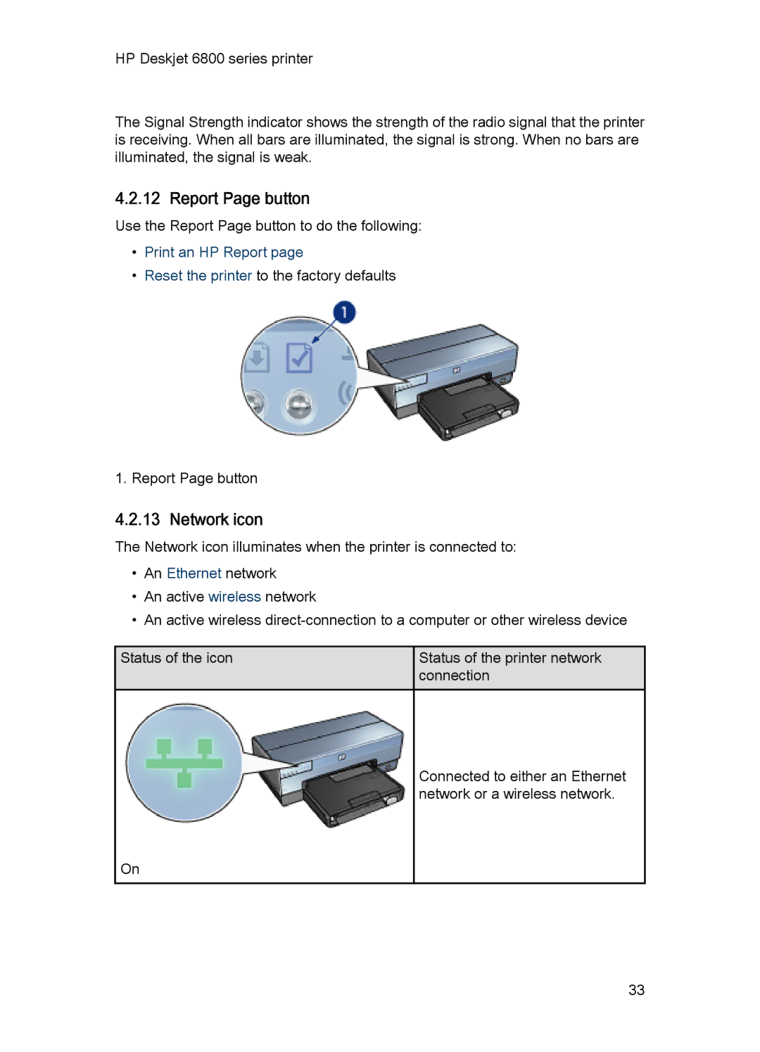 HP 6800 manual Report Page button, Network icon, Print an HP Report 