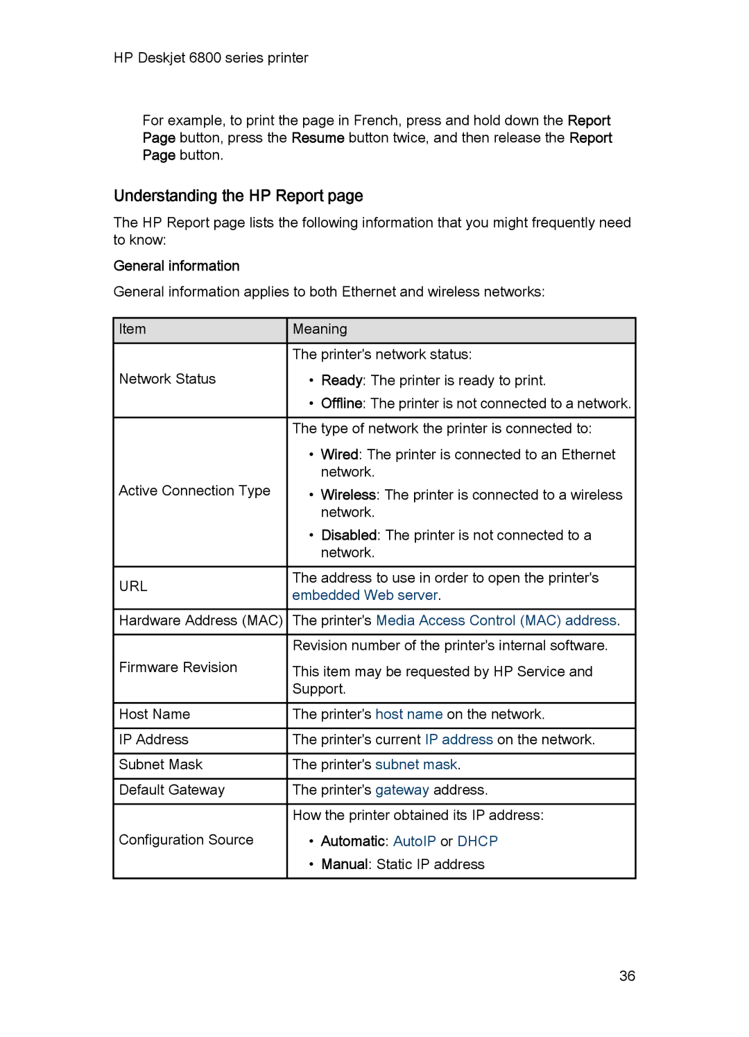 HP 6800 manual Understanding the HP Report, General information, Automatic AutoIP or Dhcp 