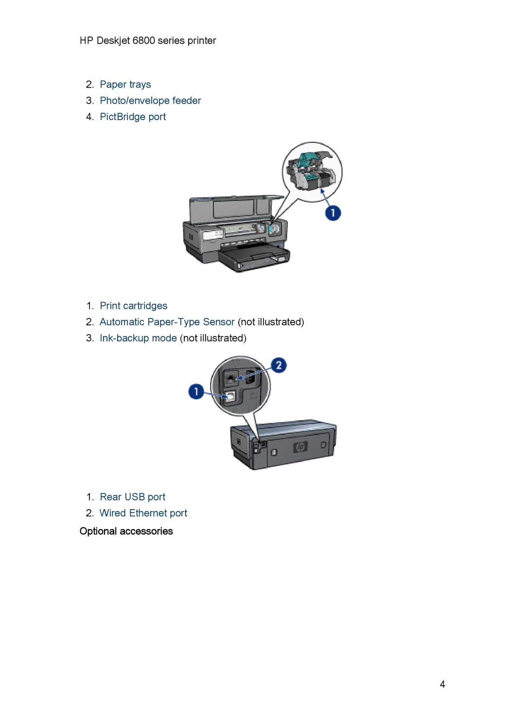 HP 6800 manual Rear USB port Wired Ethernet port, Optional accessories 