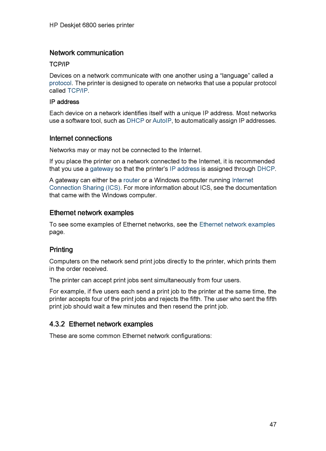 HP 6800 manual Network communication, Internet connections, Ethernet network examples, IP address 