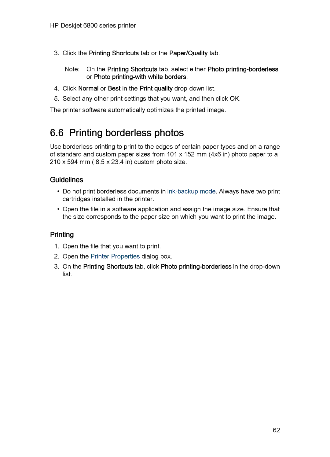 HP 6800 manual Printing borderless photos, Guidelines 