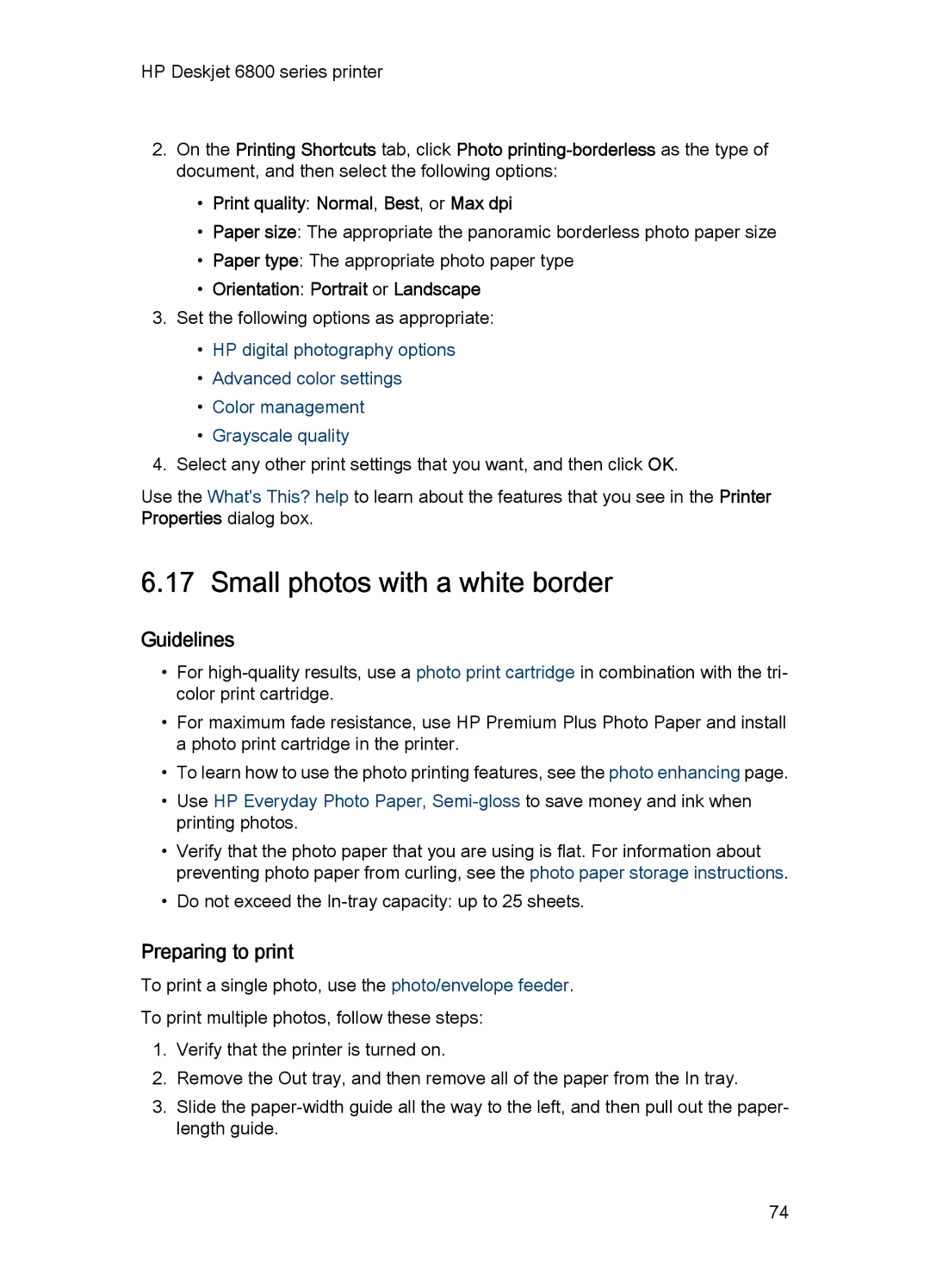 HP 6800 manual Small photos with a white border 