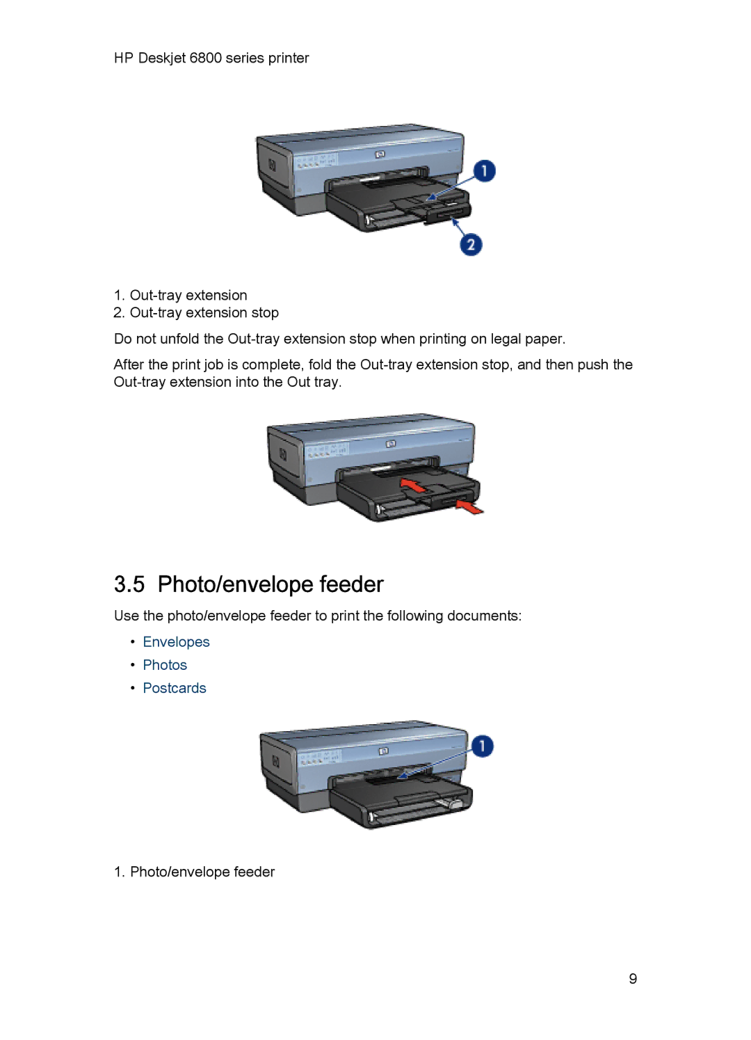 HP 6800 manual Photo/envelope feeder, Envelopes Photos Postcards 