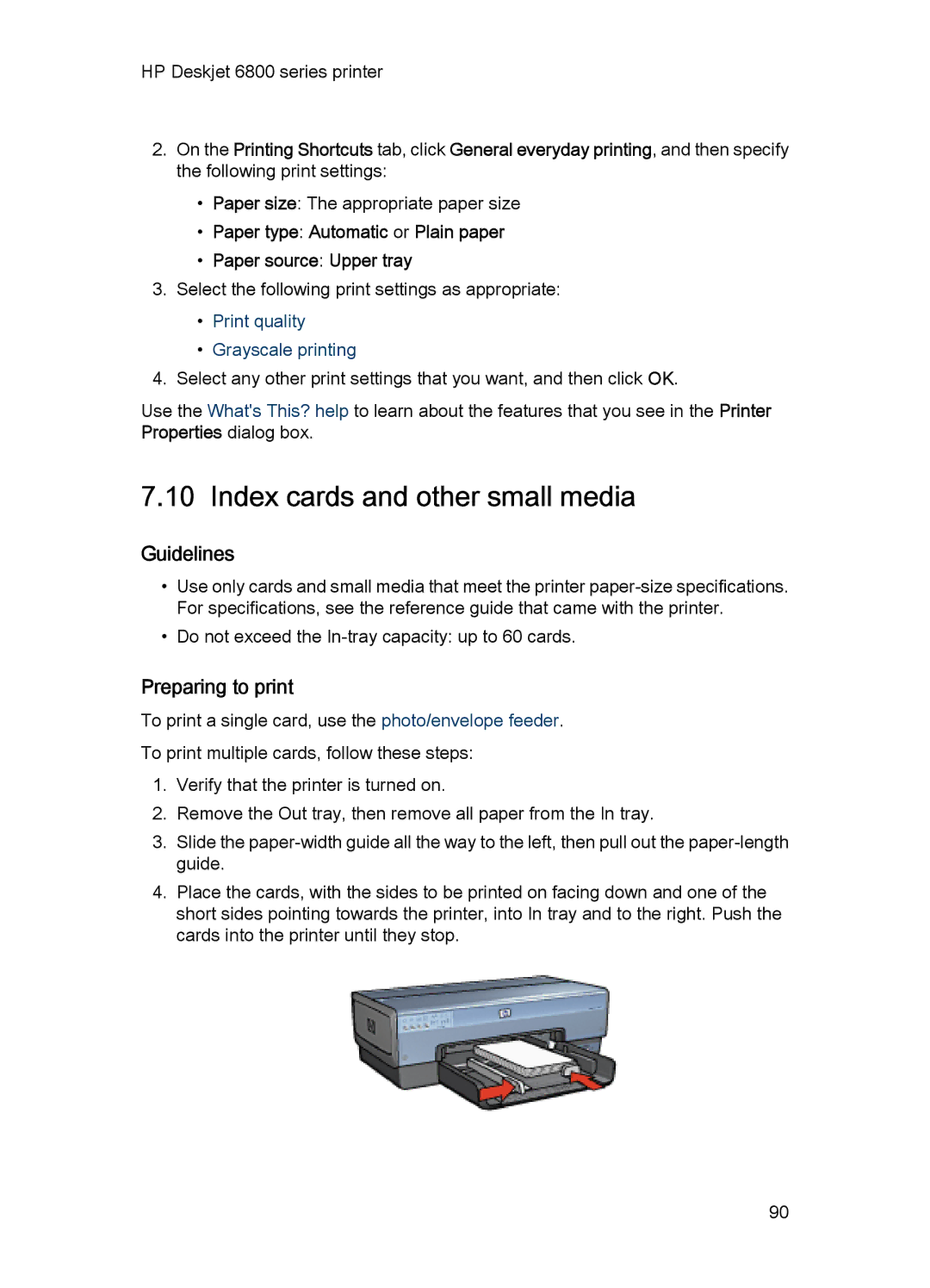 HP 6800 manual Index cards and other small media, Paper type Automatic or Plain paper Paper source Upper tray 