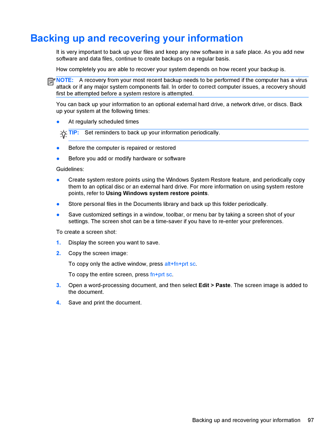 HP 680689-001 manual Backing up and recovering your information 