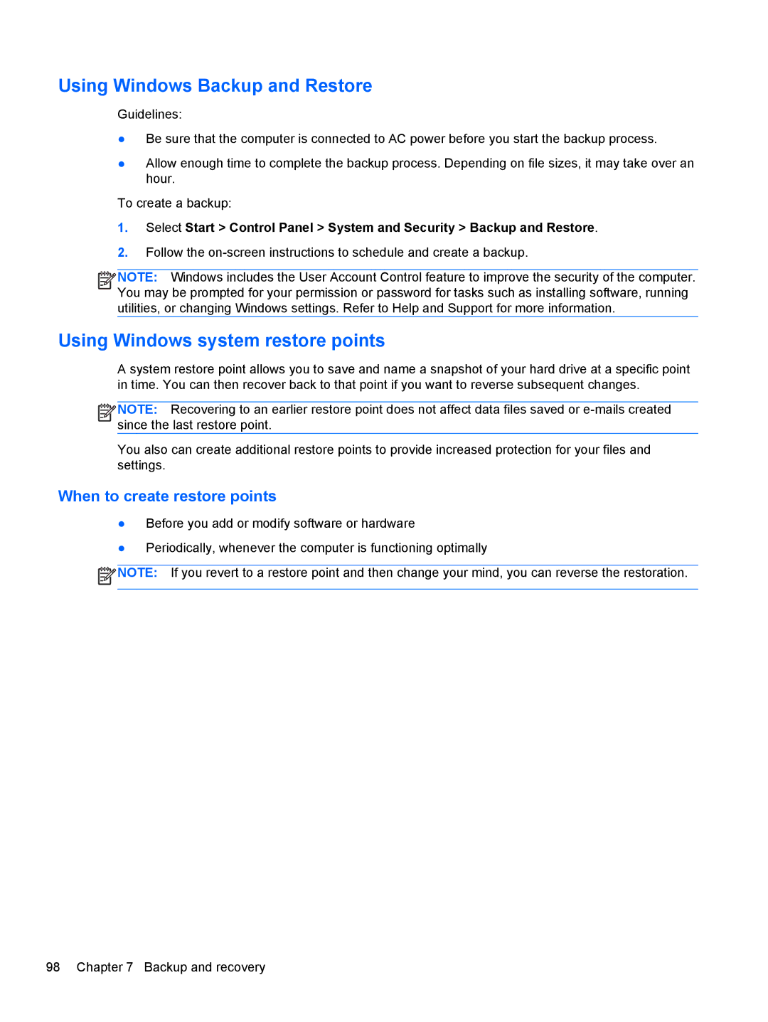 HP 680689-001 manual Using Windows Backup and Restore, Using Windows system restore points 