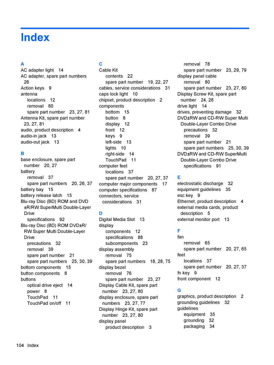 HP 680689-001 manual Index 