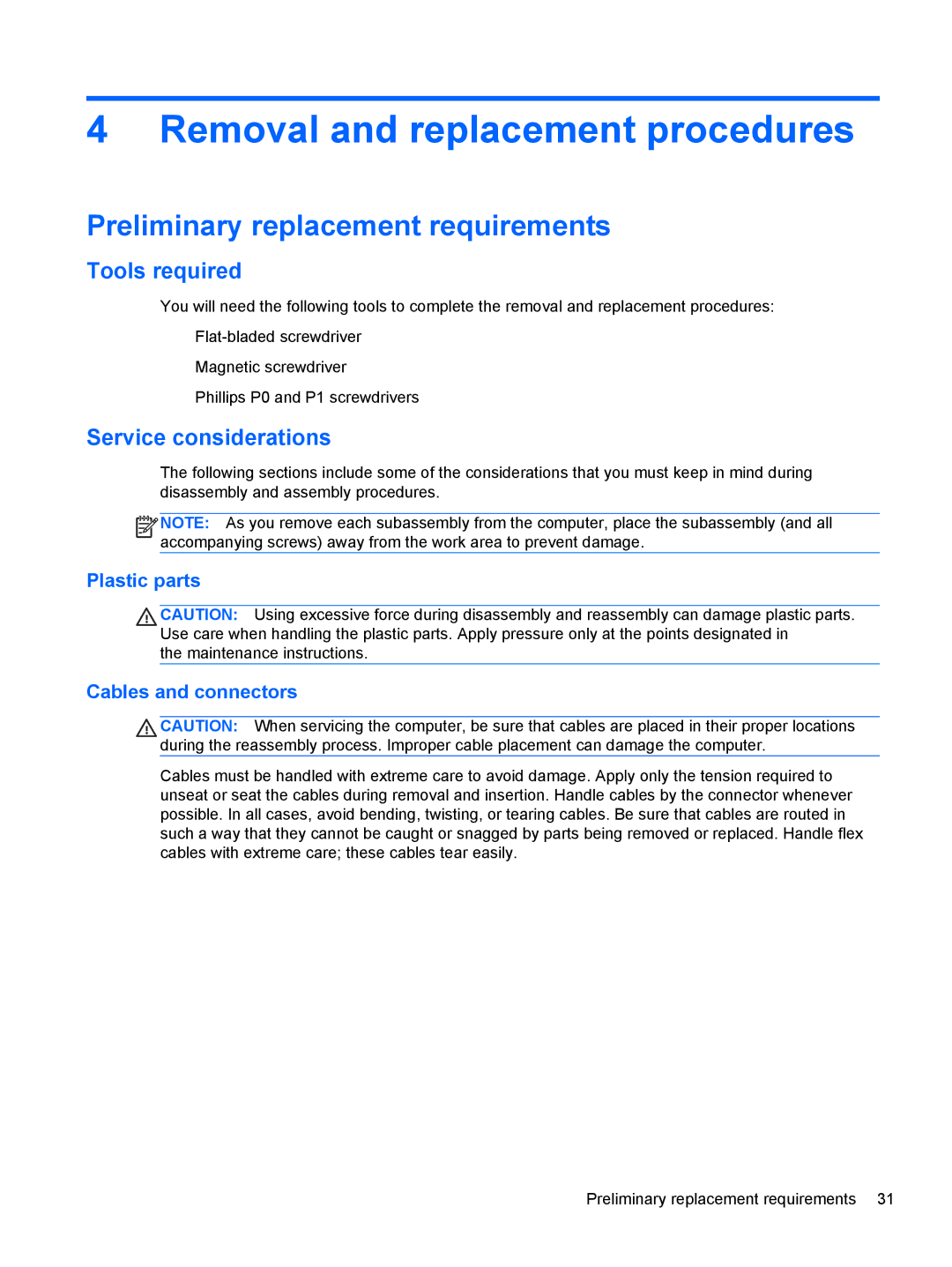 HP 680689-001 manual Removal and replacement procedures, Preliminary replacement requirements, Tools required 