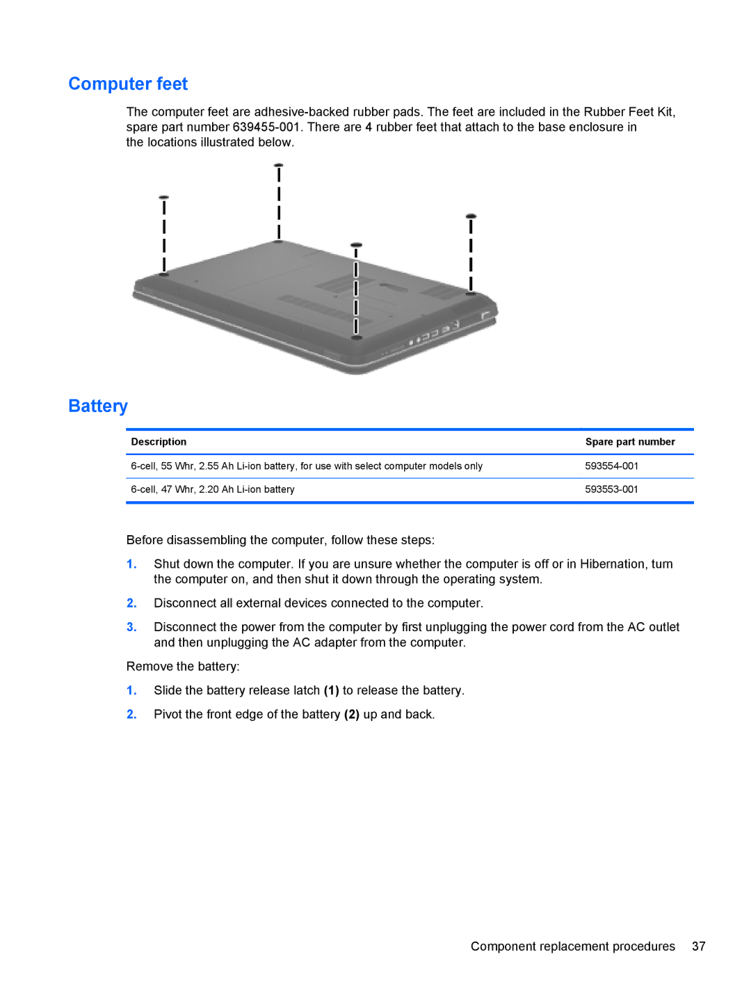 HP 680689-001 manual Computer feet, Battery, Description Spare part number 