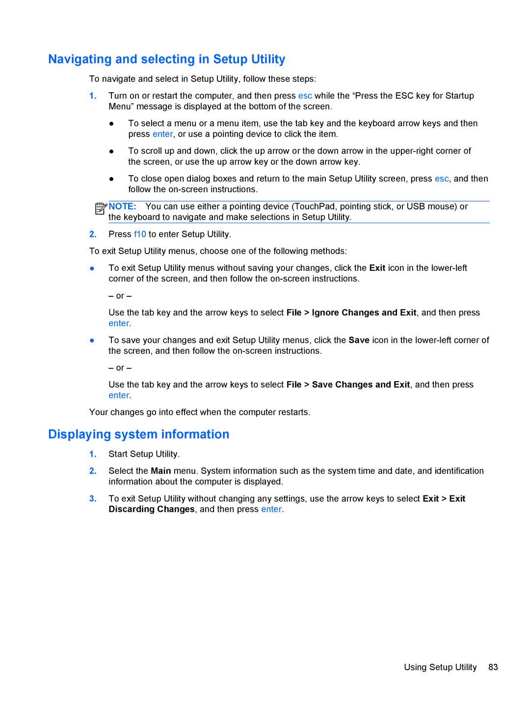 HP 680689-001 manual Navigating and selecting in Setup Utility, Displaying system information 