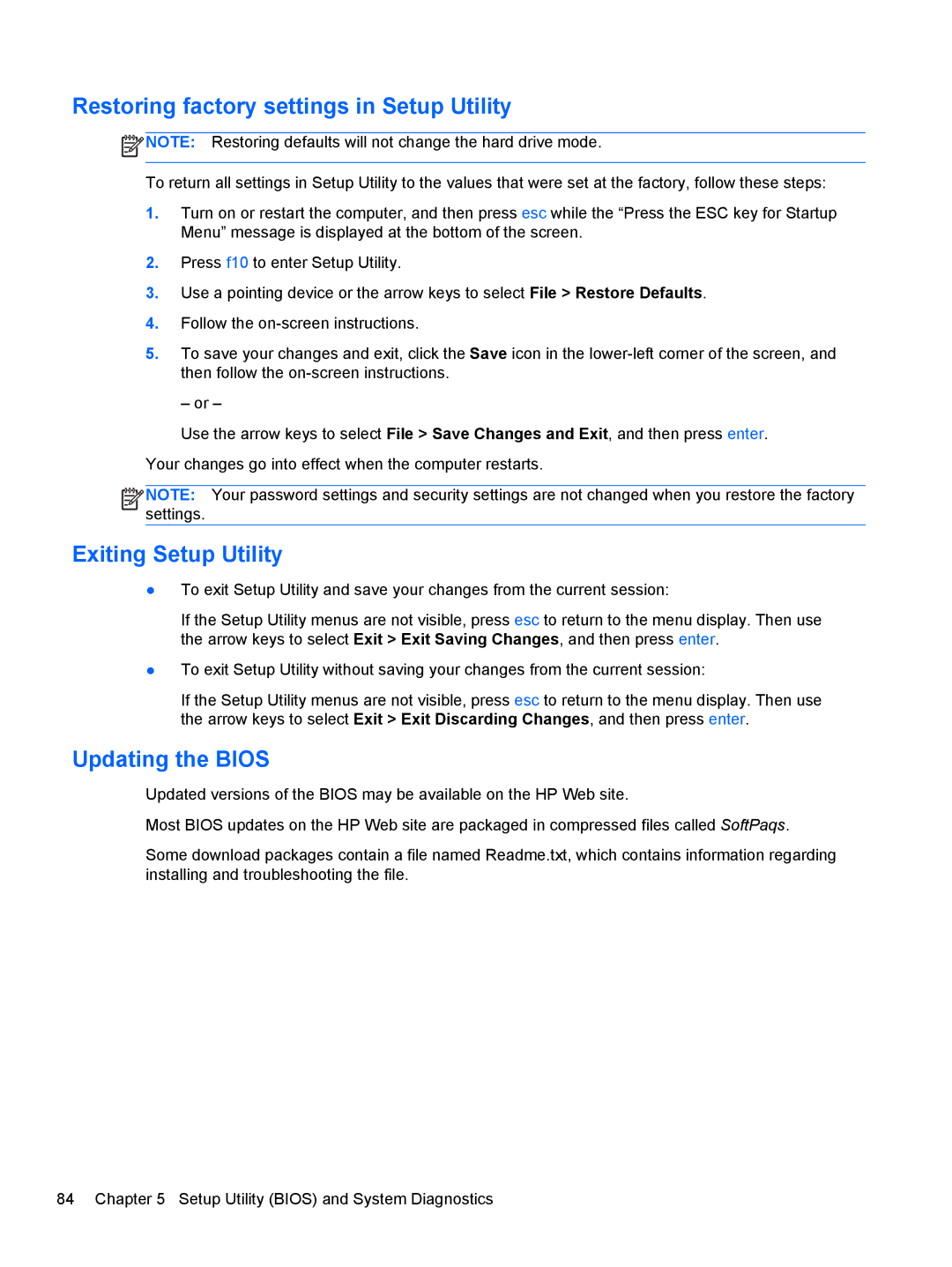 HP 680689-001 manual Restoring factory settings in Setup Utility, Exiting Setup Utility, Updating the Bios 