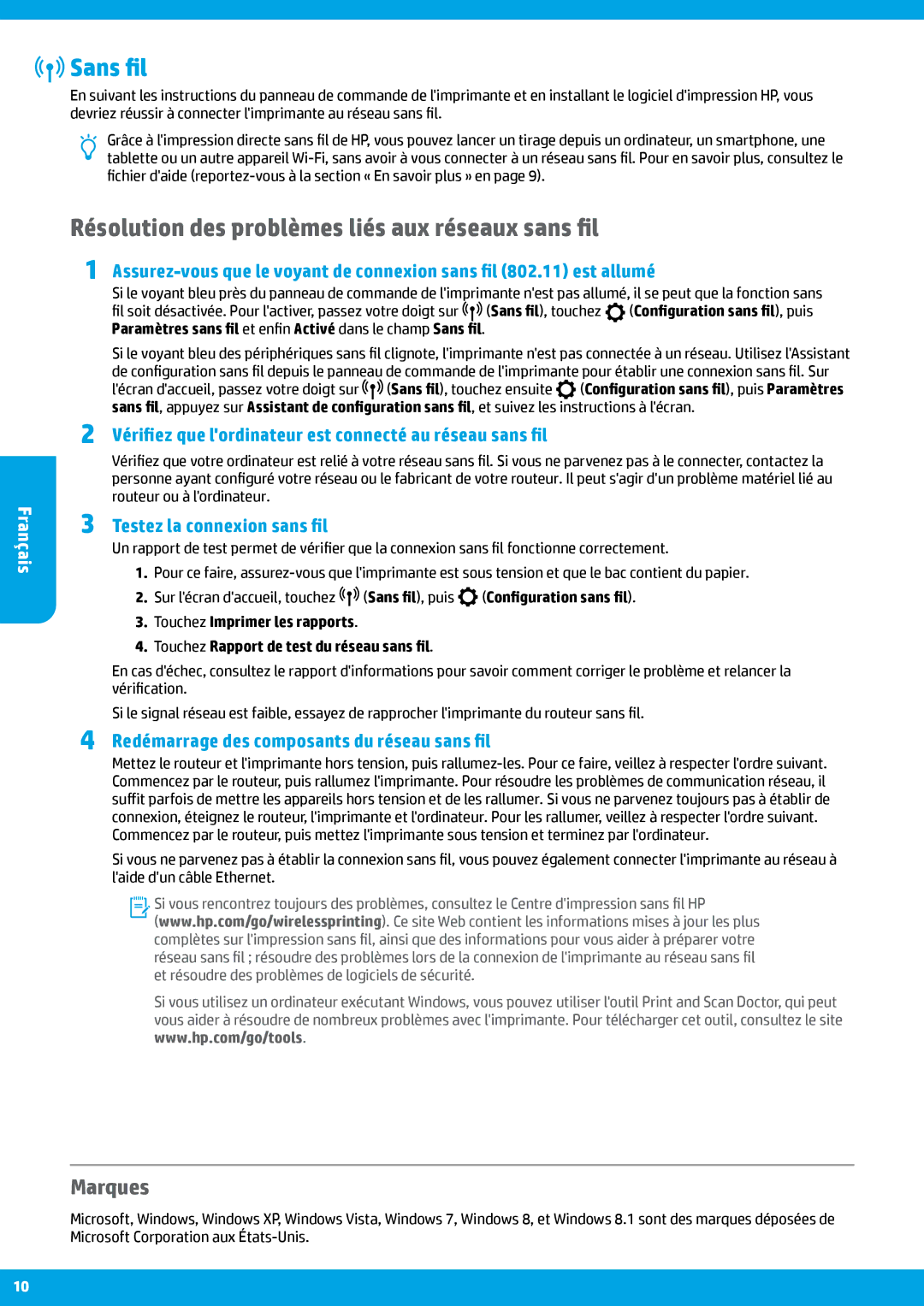 HP 6812, 6815 manual Sans fil, Résolution des problèmes liés aux réseaux sans fil, Marques 