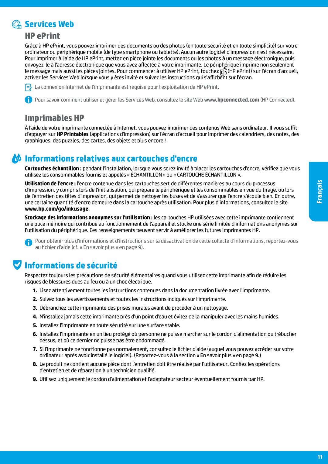 HP 6815, 6812 manual Services Web, Imprimables HP, Informations relatives aux cartouches dencre, Informations de sécurité 