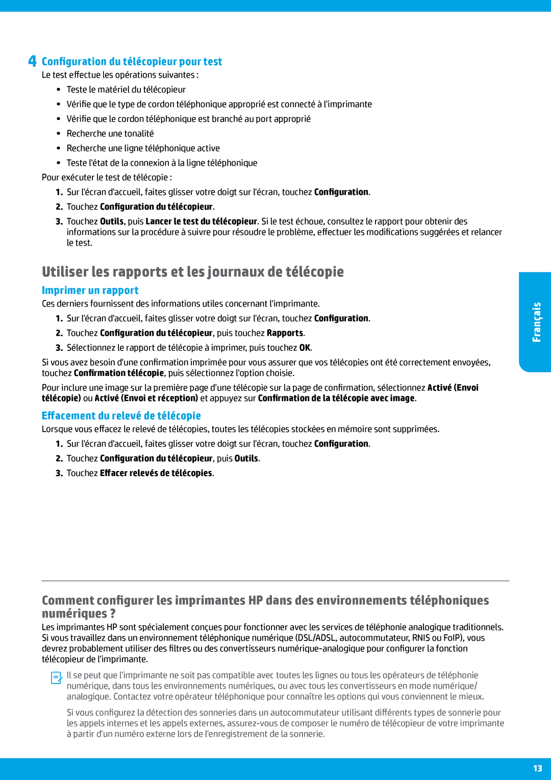 HP 6815, 6812 Utiliser les rapports et les journaux de télécopie, Imprimer un rapport, Effacement du relevé de télécopie 