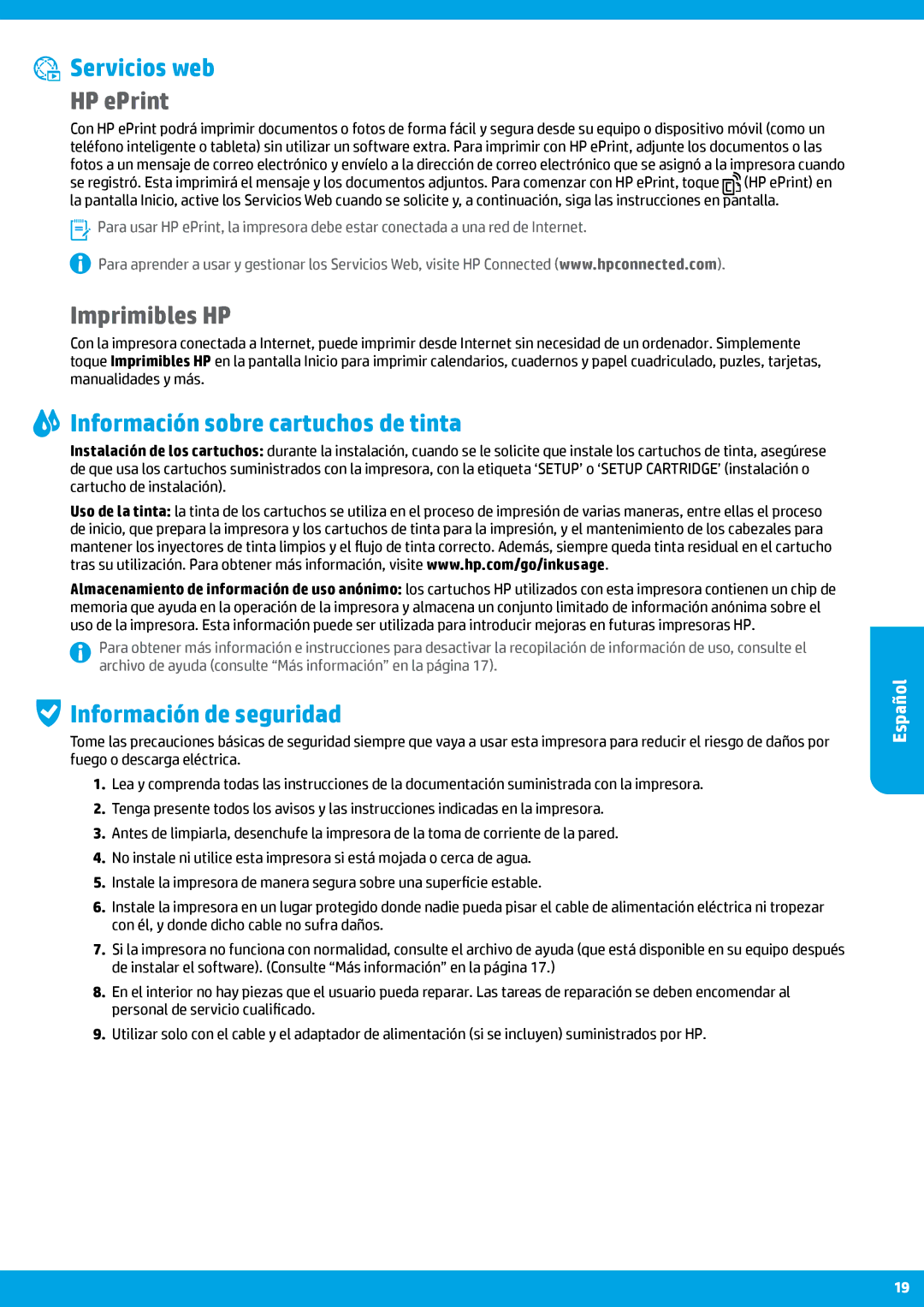 HP 6815, 6812 manual Servicios web, Imprimibles HP, Información sobre cartuchos de tinta, Información de seguridad 