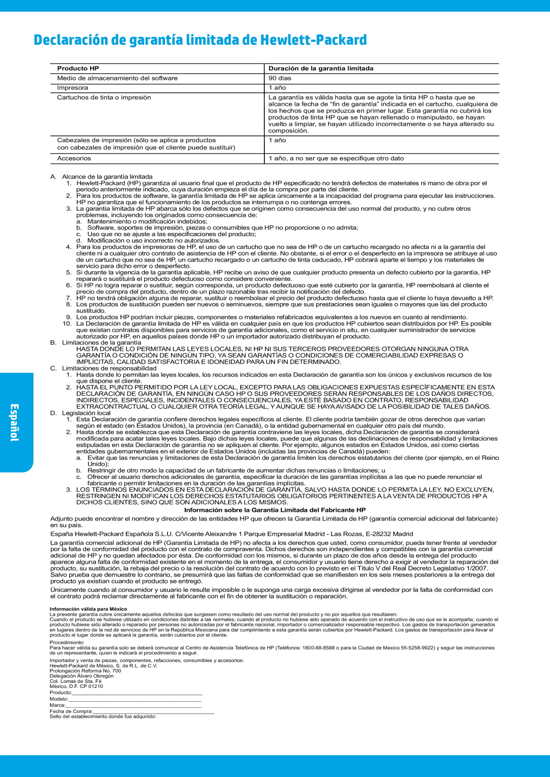 HP 6812, 6815 manual Declaración de garantía limitada de Hewlett-Packard, Producto HP Duración de la garantía limitada 