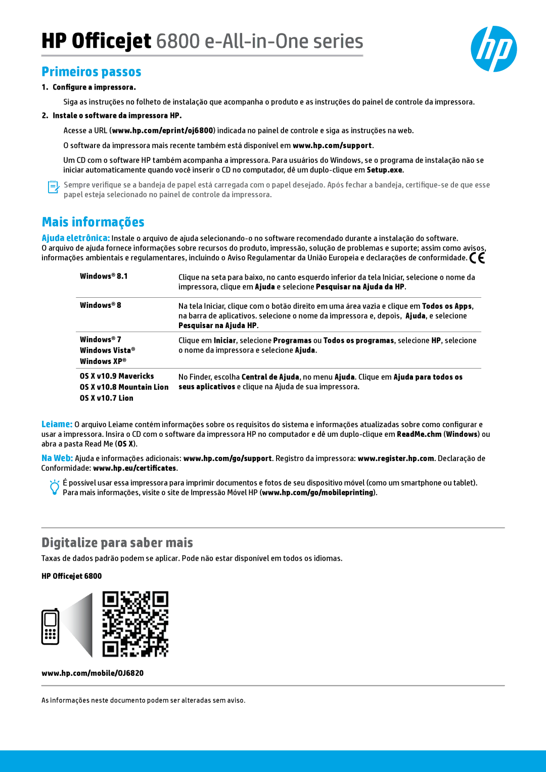 HP 6815, 6812 manual Primeiros passos, Digitalize para saber mais 