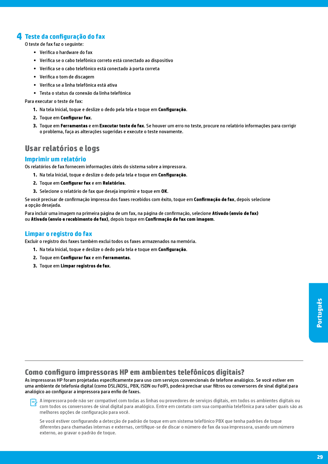 HP 6815, 6812 manual Usar relatórios e logs, Teste da configuração do fax, Imprimir um relatório, Limpar o registro do fax 