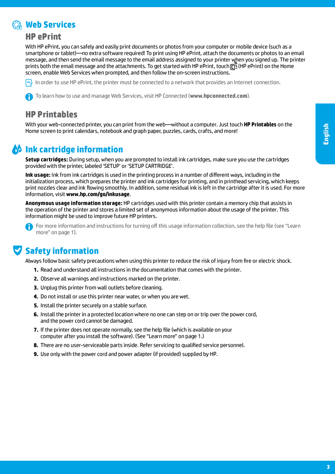 HP 6815, 6812 manual Web Services, HP ePrint, HP Printables, Ink cartridge information, Safety information 