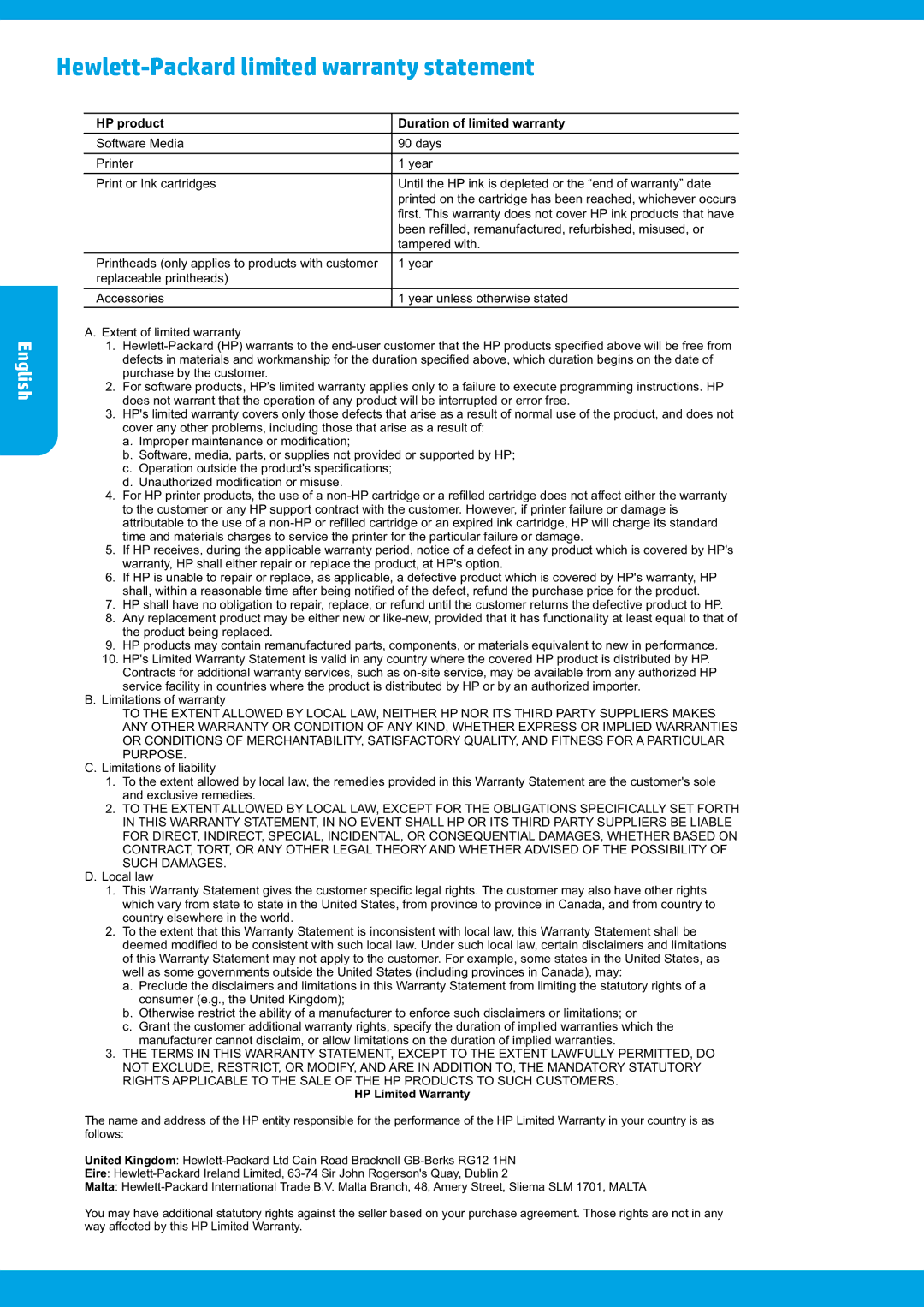 HP 6812, 6815 manual Hewlett-Packard limited warranty statement, HP product Duration of limited warranty 