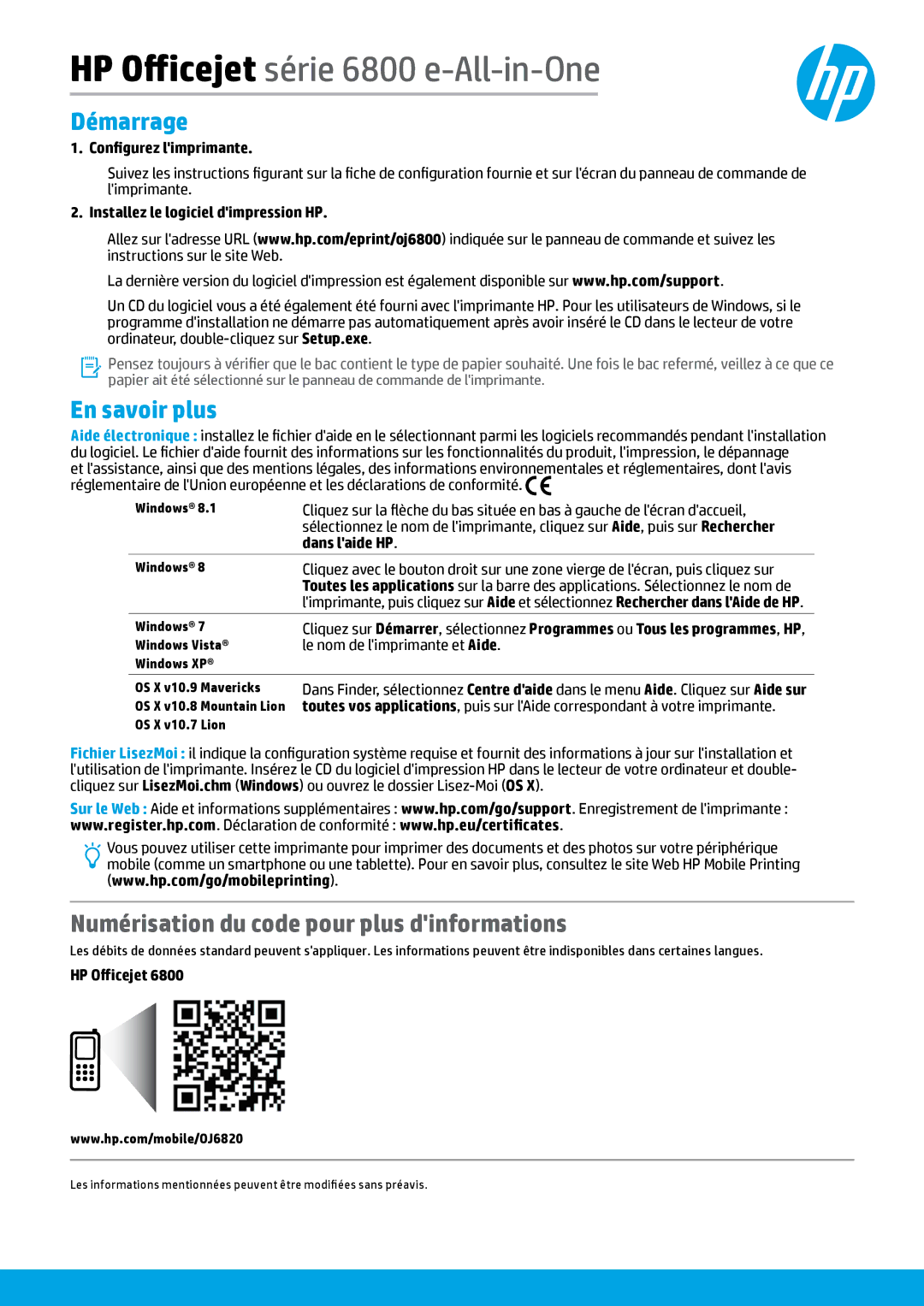 HP 6815, 6812 manual Démarrage, En savoir plus, Numérisation du code pour plus dinformations 