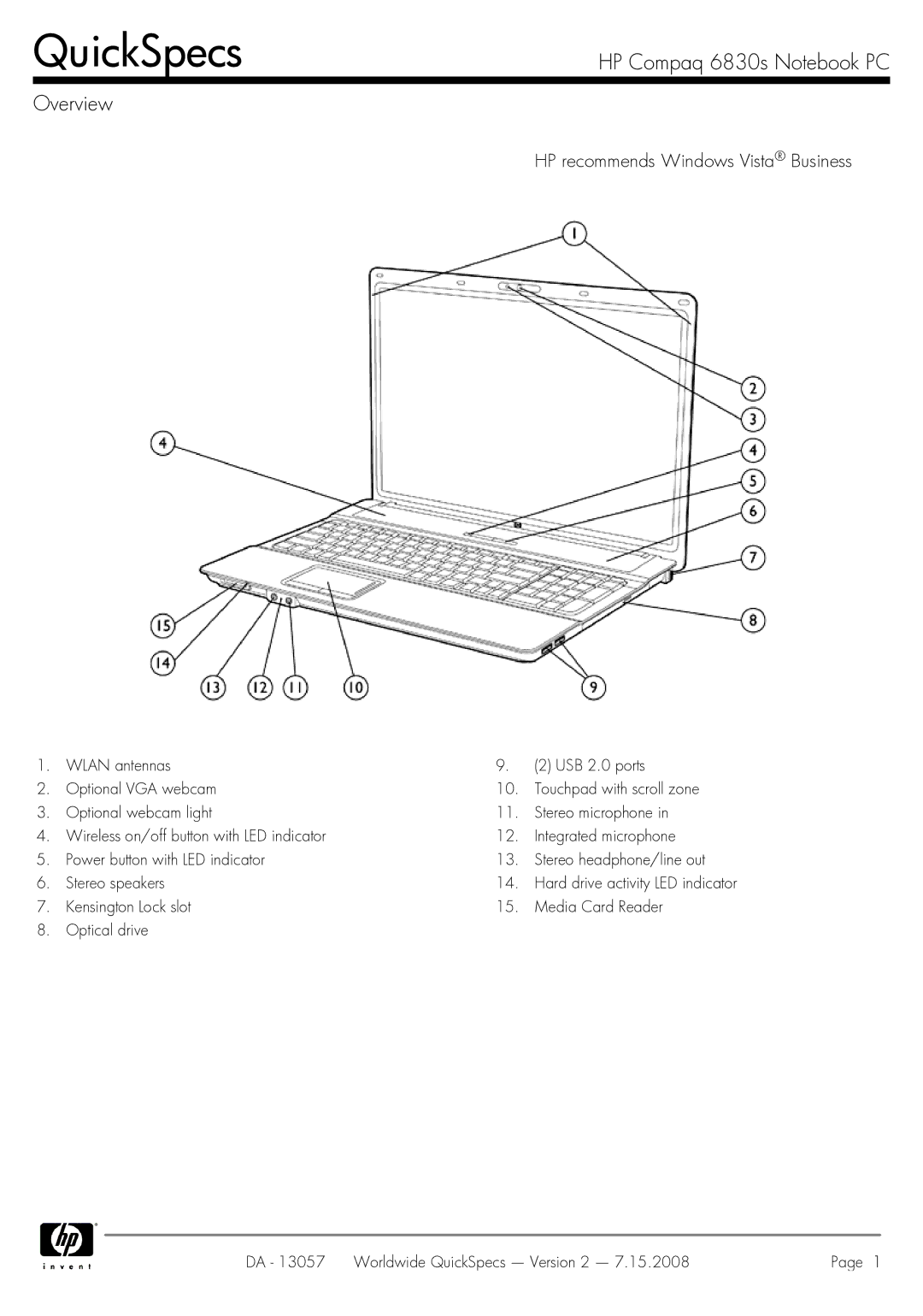 HP manual QuickSpecs, HP Compaq 6830s Notebook PC Overview 