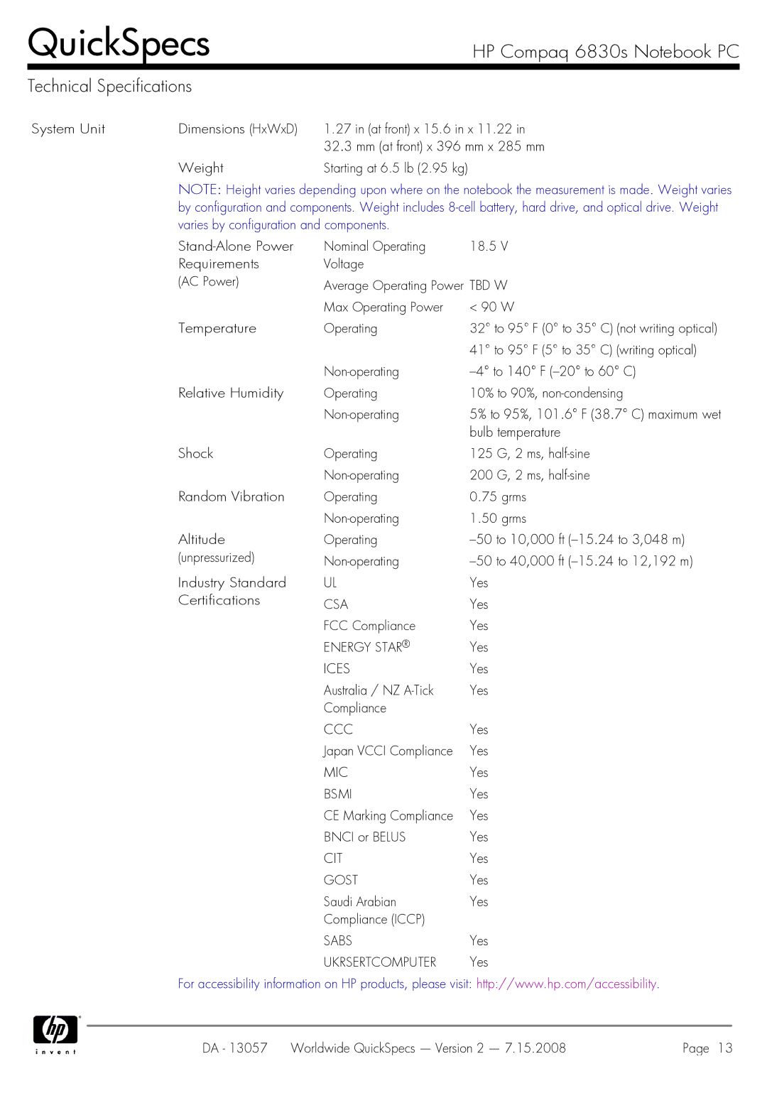 HP manual HP Compaq 6830s Notebook PC Technical Specifications 