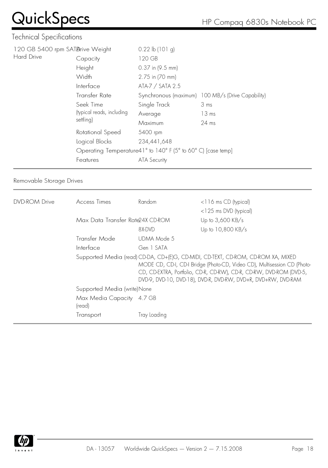 HP 6830s manual Max Data Transfer Rate24X CD-ROM Up to 3,600 KB/s, 8X-DVD, Up to 10,800 KB/s 