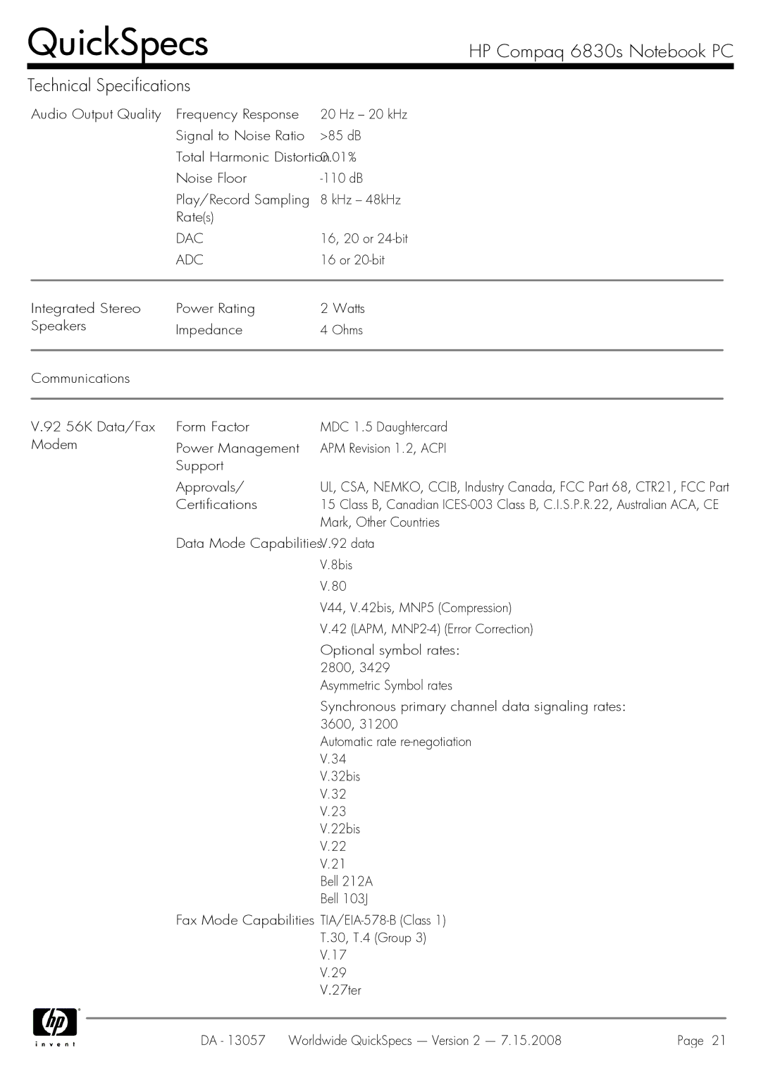 HP 6830s manual Dac, 16, 20 or 24-bit, Adc, Or 20-bit, Mark, Other Countries 